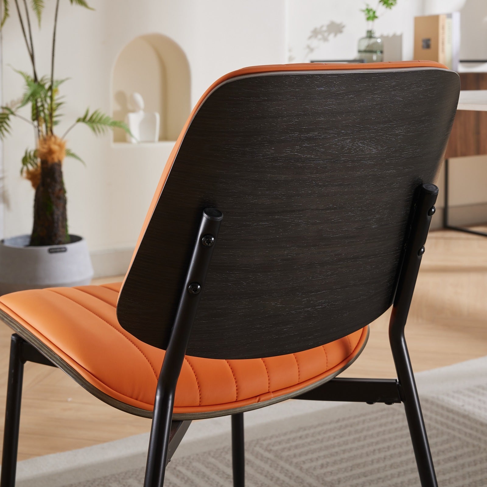 Dining Chairs Set Of 2 Mid Century Modern Retro Faux Leather Chair With Walnut Bentwood Back Upholstered Seat Metal Legs Adjustable Foot For Kitchen Dining Room Chairs Orange Pu Orange Dining Room Classic Set Of 2 Foam Pu Leather