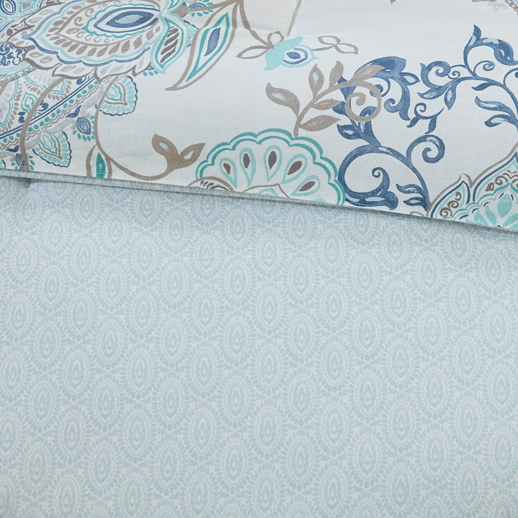 8 Piece Cotton Floral Printed Reversible Comforter Set Blue Queen Queen Blue Cotton
