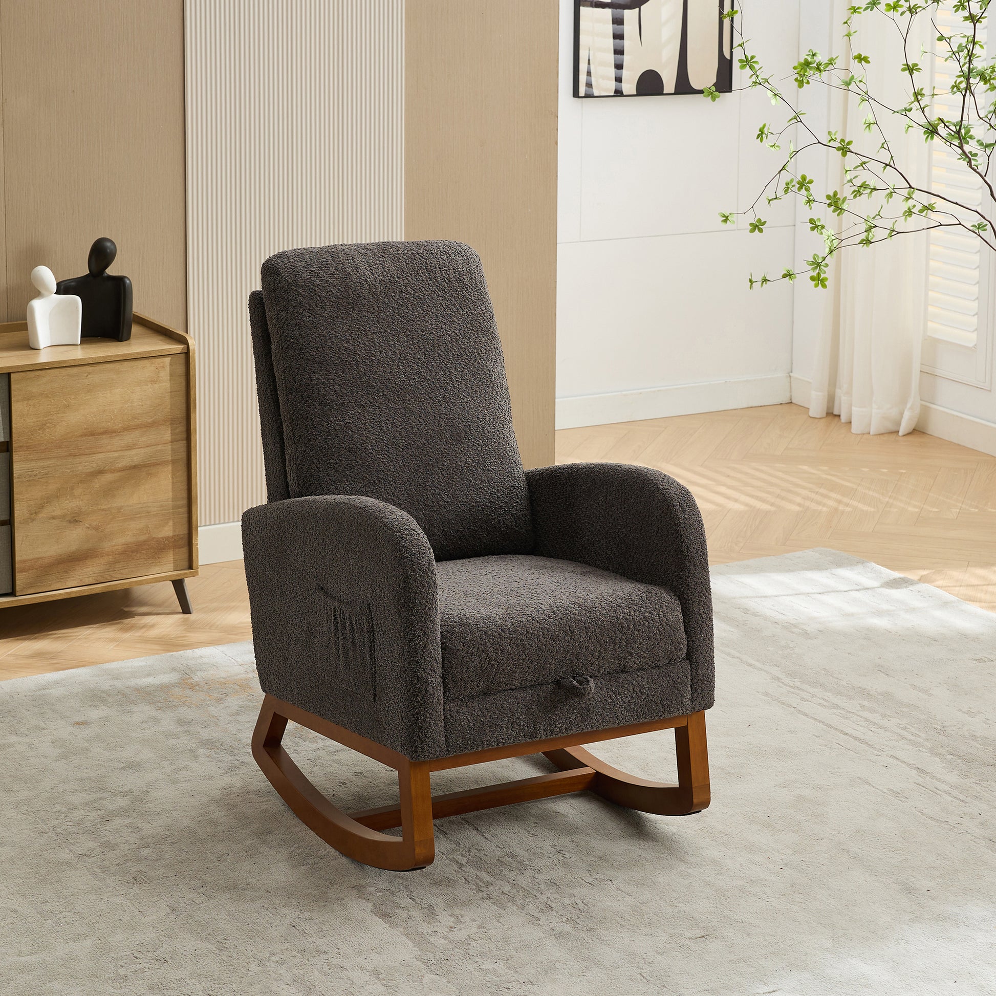 25.4"W Rocking Chair For Nursery, High Back Glider Chair With Retractable Footrest, Side Pocket, Rocking Accent Armchair With Rubber Wood Legs For Living Room Bedroom.Charcoal Charcoal Boucle