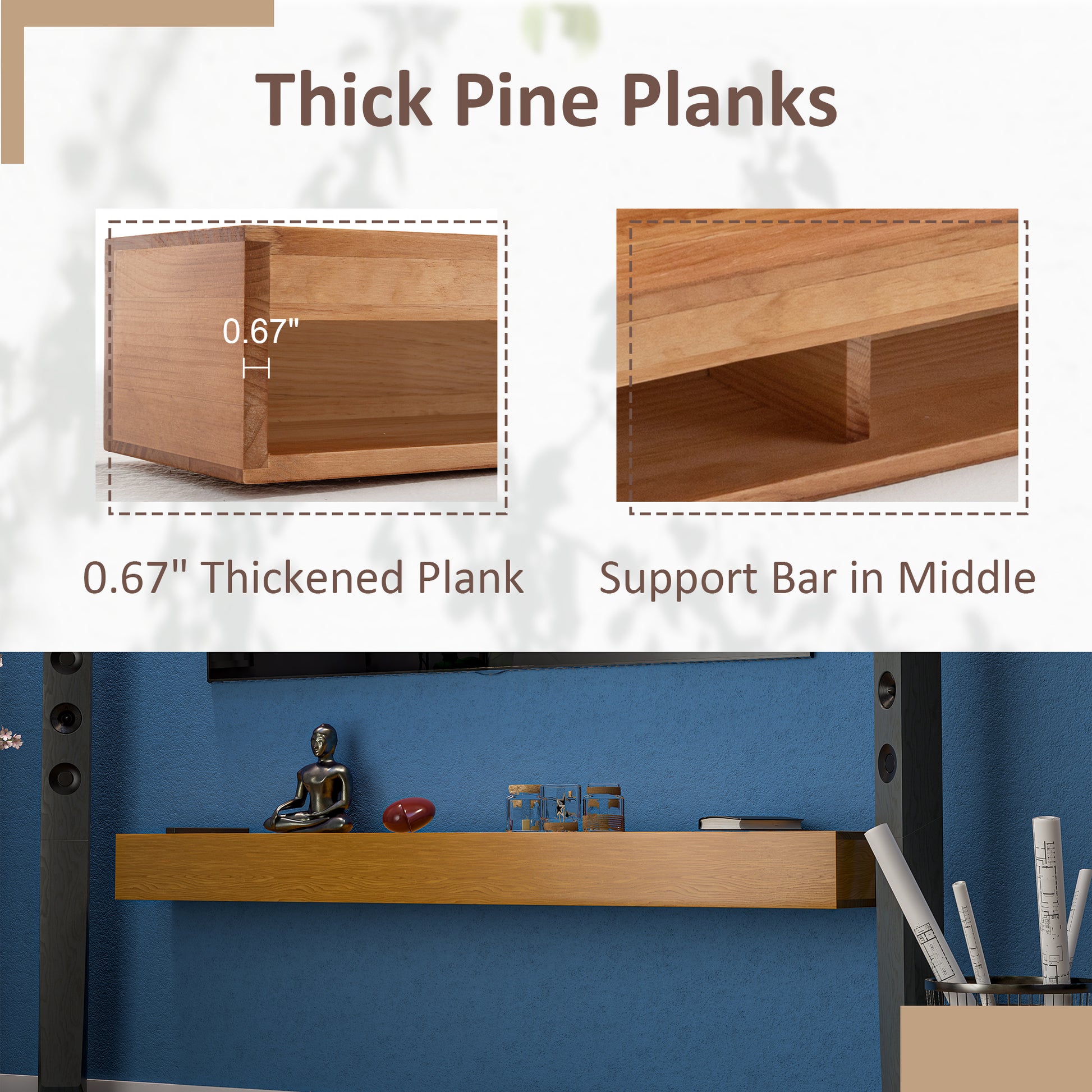 72'' Fireplace Mantel Wooden Wall Mounted Floating Shelf 8" Deep Solid Pine Wood,Natural Natural Wood