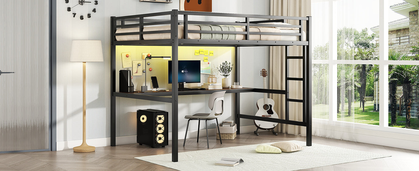 Metal Full Size Loft Bed With Power Outlet And Led Lighted, Space Saving, Noise Reduced, Black Full Black Metal