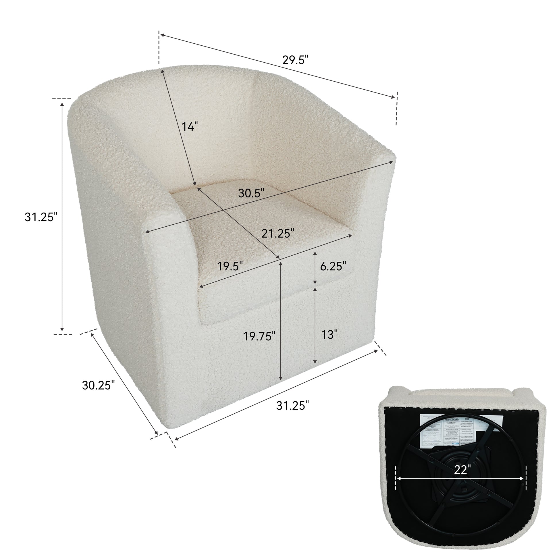 Teddy Velvet Swivel Chair, White, No Installation Required White Teddy