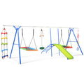 6 In 1 Swing Set For Kids, Toddle Outdoor Swing And Slide Set, Backyard Playground Playsets With Climbing Rope Ladder, Disc Swing, Monkey Bar Swing, Slide And Climbing, Saucer Swing, Swing Ring Blue