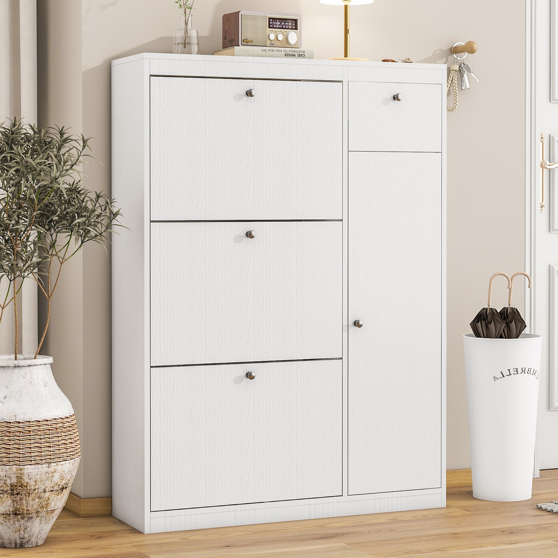 Shoe Cabinet,Freestanding Tipping Bucket Shoe Rack Organizer With 3 Flip Drawers,Entryway Narrow Shoe Storage With Adjustable Storage Shelf,Modern Slim Hidden Shoe Cabinet, White 5 Or More Spaces White Primary Living Space Particle Board