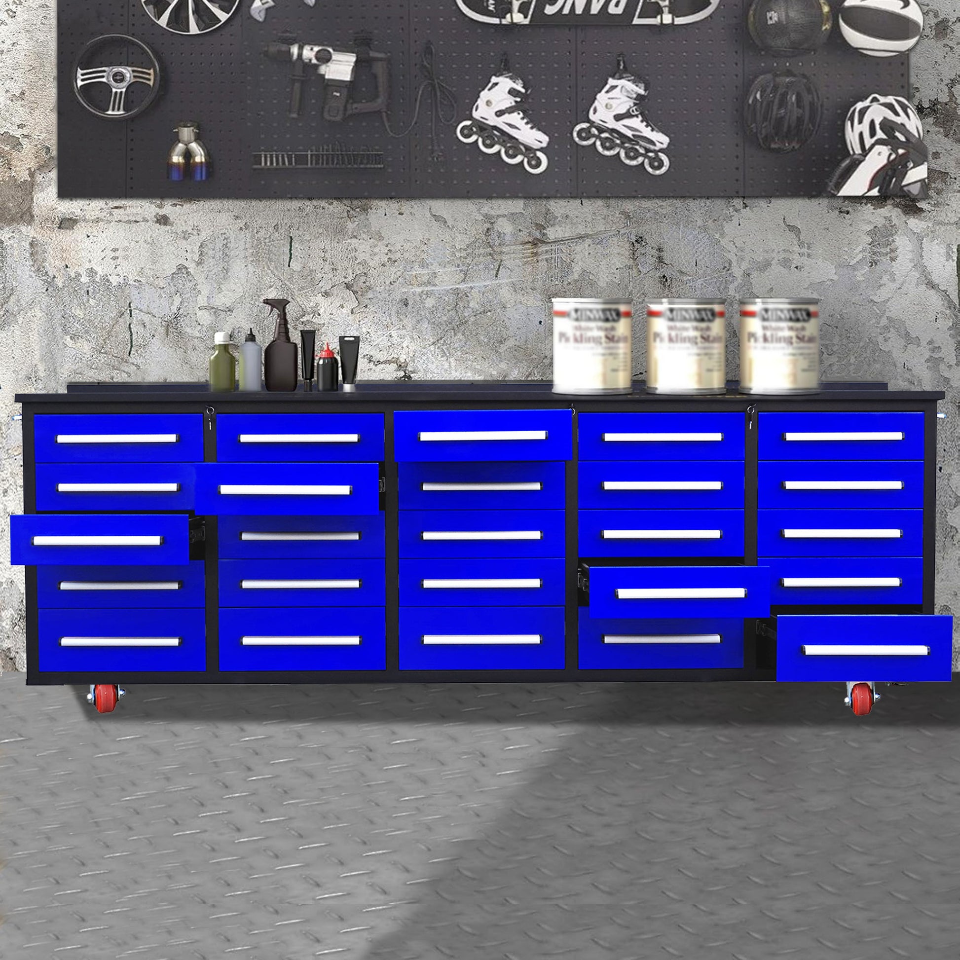 10Ft Workbench With Storage Drawers 25 Drawers Blue Blue Steel