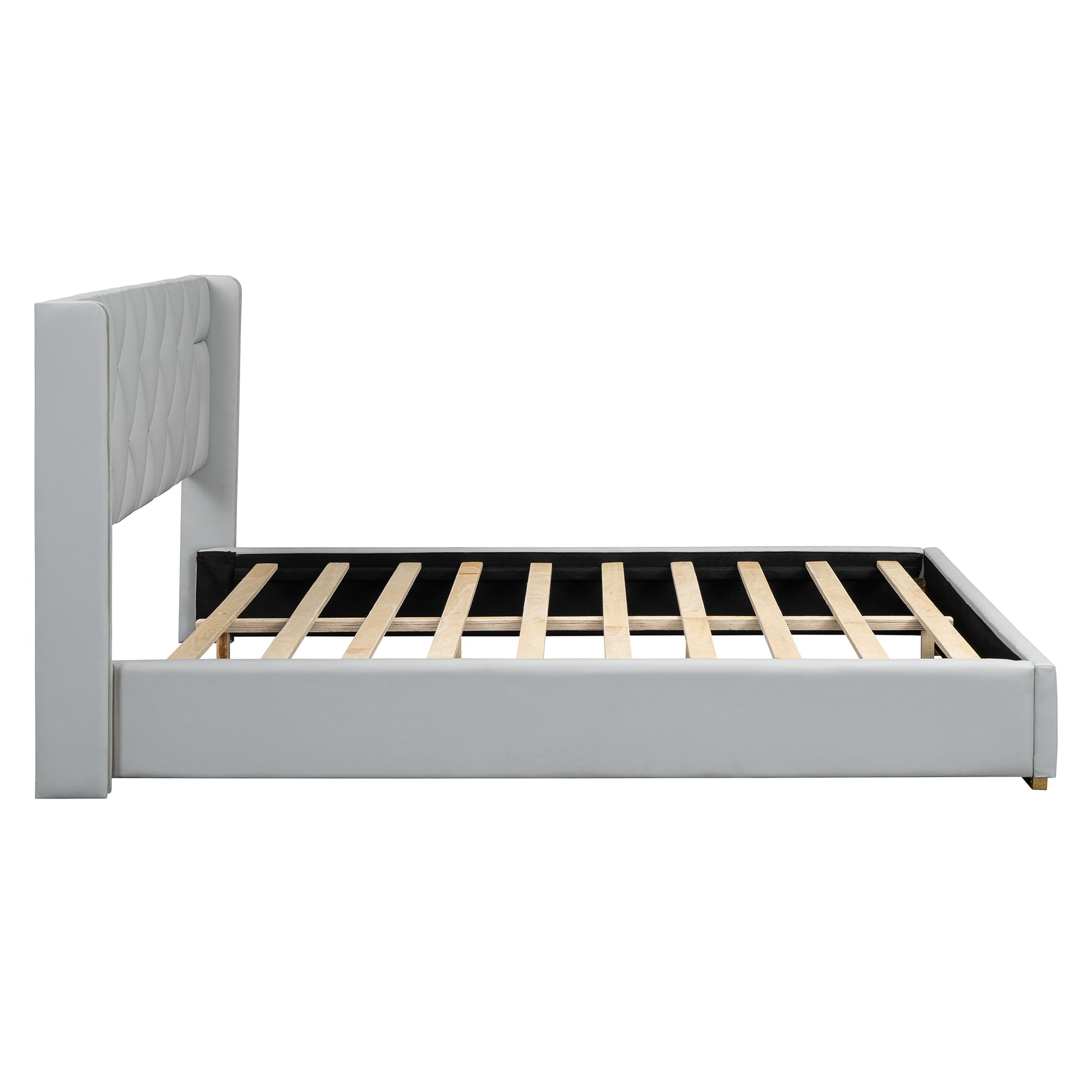 Queen Size Upholstered Platform Bed With Metal Strips, Off White Queen Off White Pu