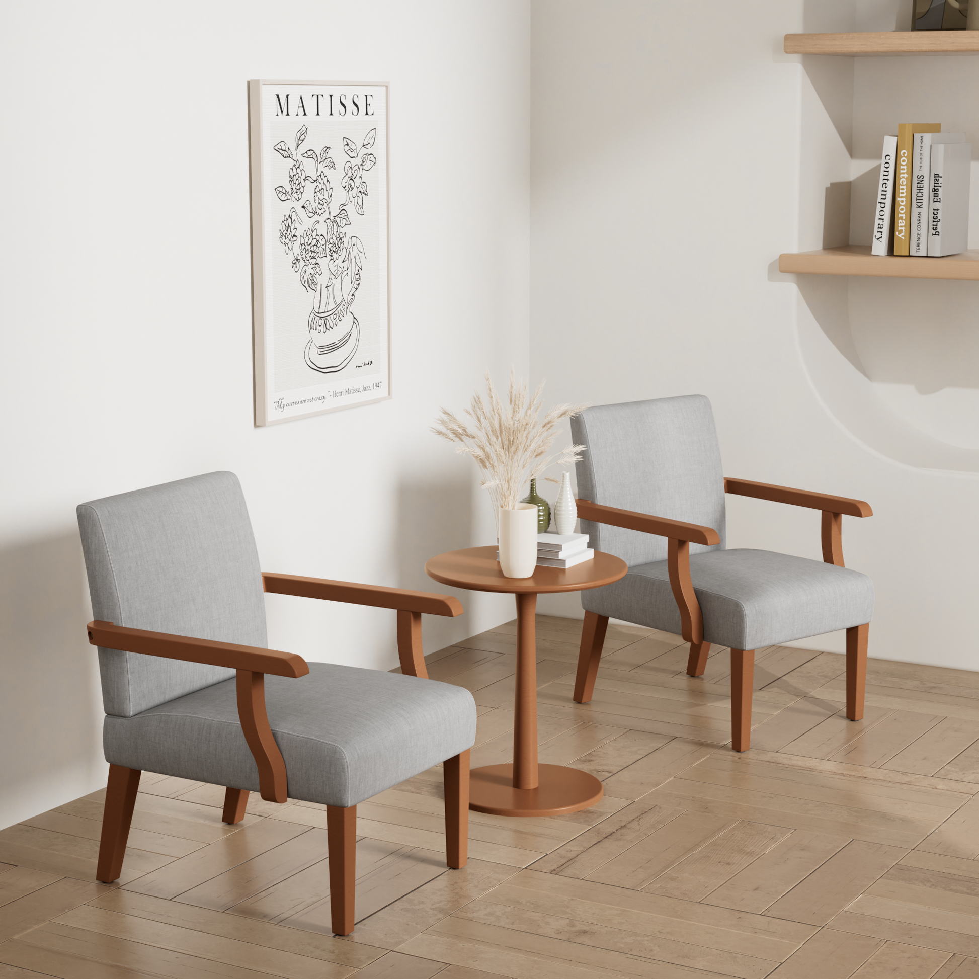 Fabric Accent Arm Chair Set Of 2 With Round Wood Table Light Gray Fabric