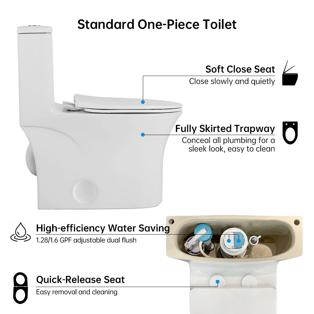 1.1 1.6 Gpf Elongated Comfort Height Floor Mounted One Piece Toilet, Cupc Certified, Watersense Cetified, Ceramic, White Color, Soft Close Seat White Ceramic
