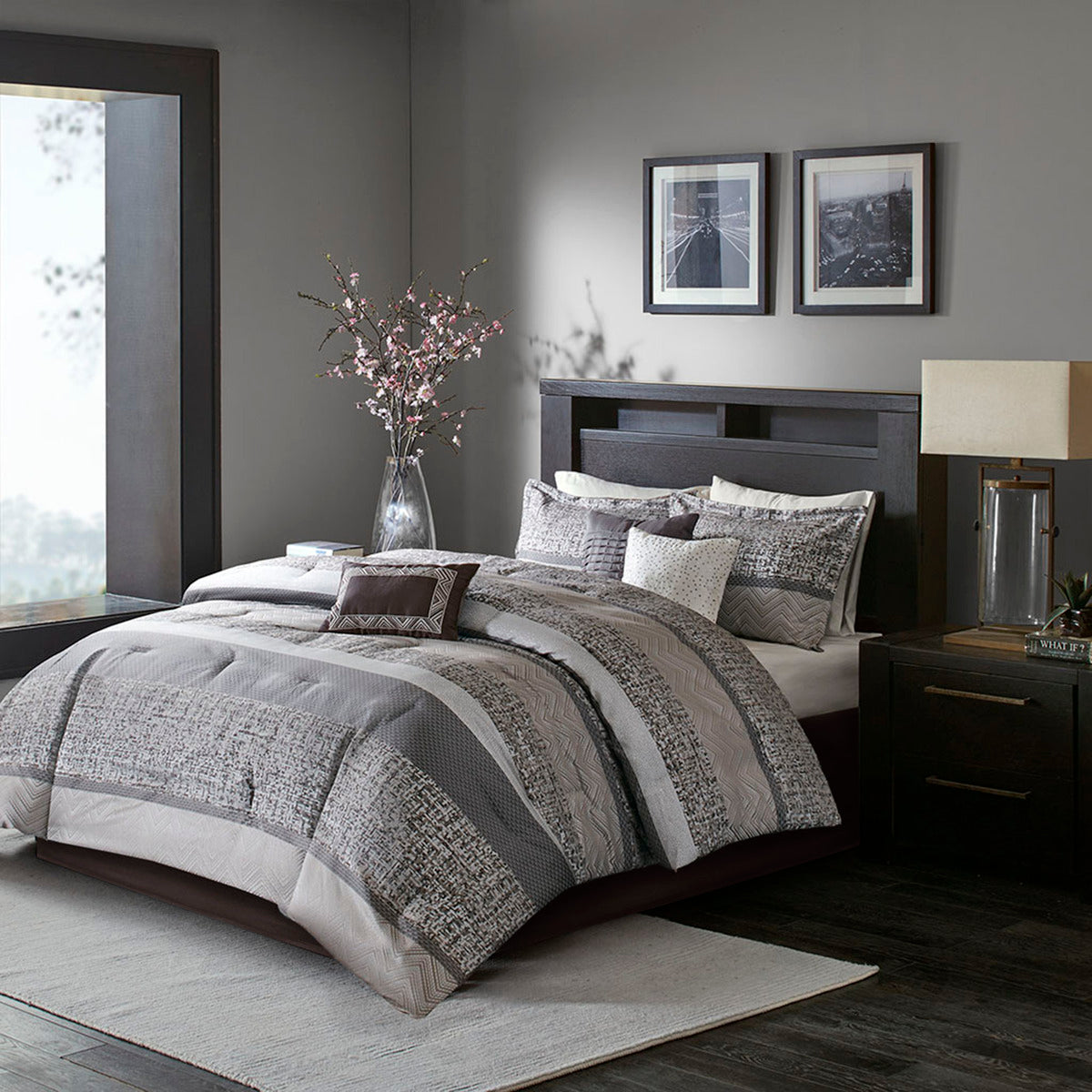 7 Piece Jacquard Comforter Set Grey Taupe King King Grey Taupe Polyester