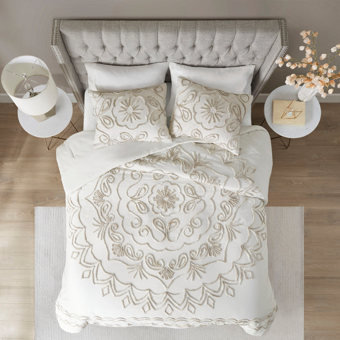 3 Piece Tufted Cotton Chenille Comforter Set Ivory Taupe King Cal King King Ivory Taupe Polyester