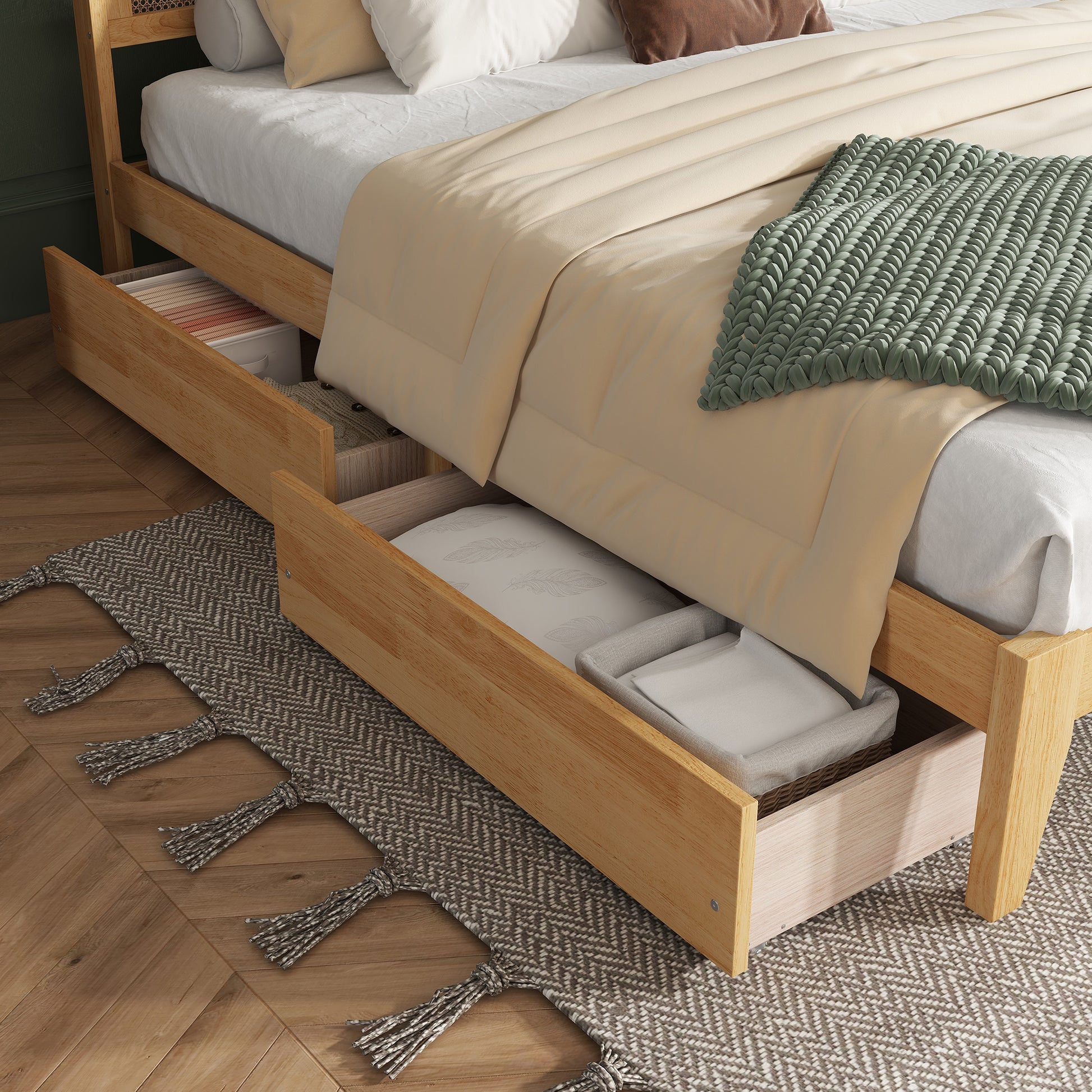 King Size Bed With Rattan Headboard, Two Storage Drawers, Rubber Wood Bed With Enhanced Support Salts And Feet,White Oak King White Oak Rubber Wood