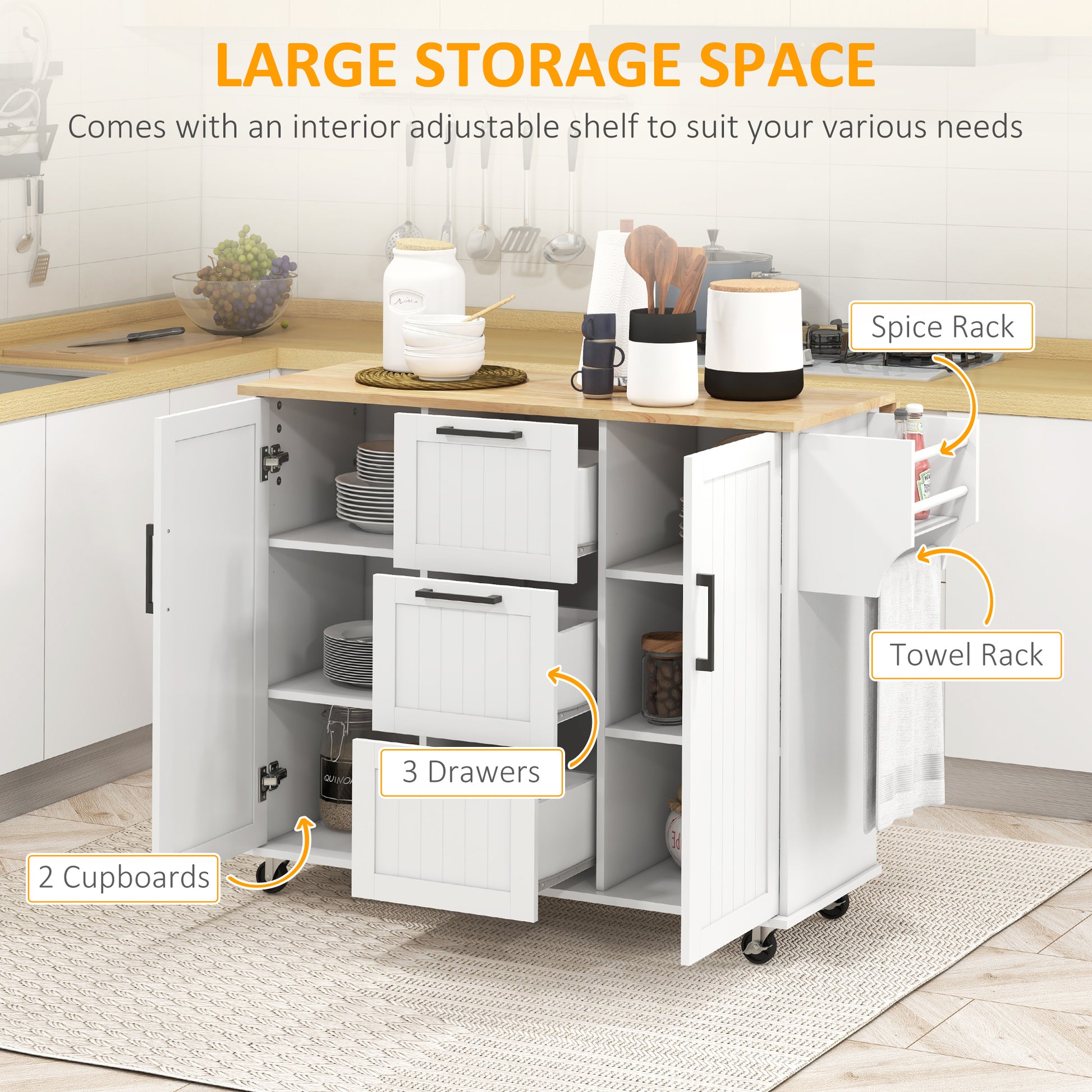 Homcom Kitchen Island With Drop Leaf, Rolling Kitchen Cart On Wheels With 3 Drawers, 2 Cabinets, Natural Wood Top, Spice Rack And Towel Rack, White White Rubber Wood