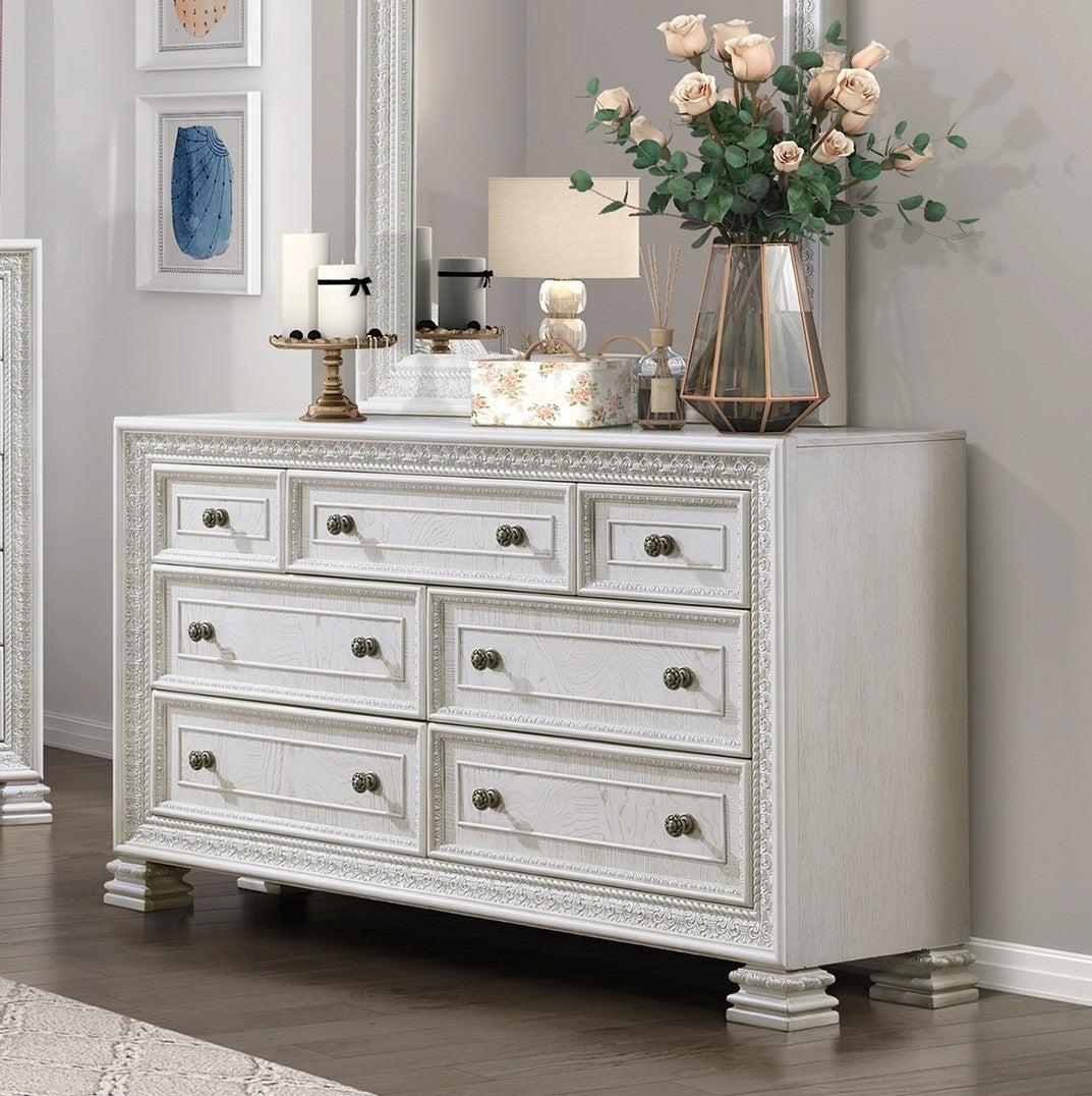 Classic Luxury Pearl White Finish Dresser Of 7X Drawers Wooden Bedroom Furniture 1Pc, Dart Molding Design White Wood