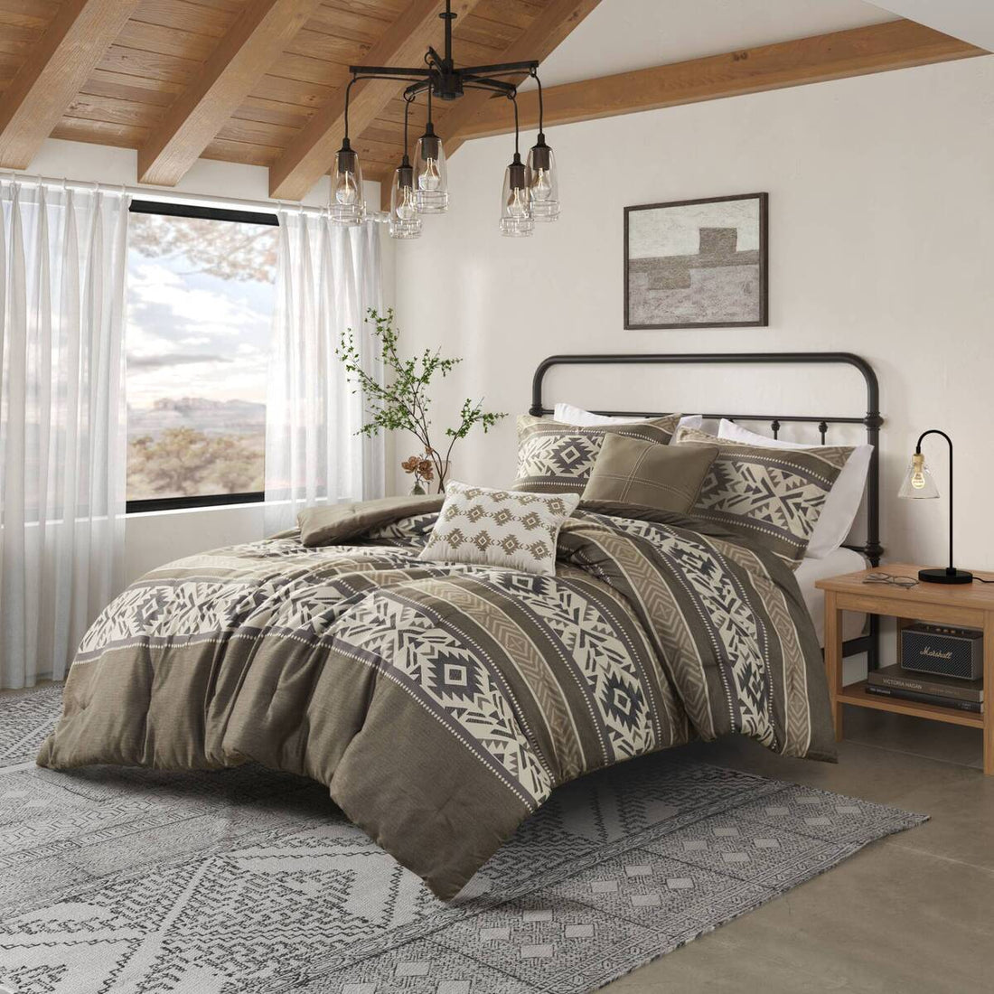 5 Piece Stripe Herringbone Comforter Set With Throw Pillows Brown Full Queen Brown Polyester