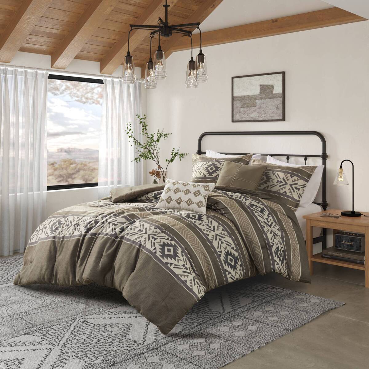 5 Piece Stripe Herringbone Comforter Set With Throw Pillows Brown Full Queen Brown Polyester