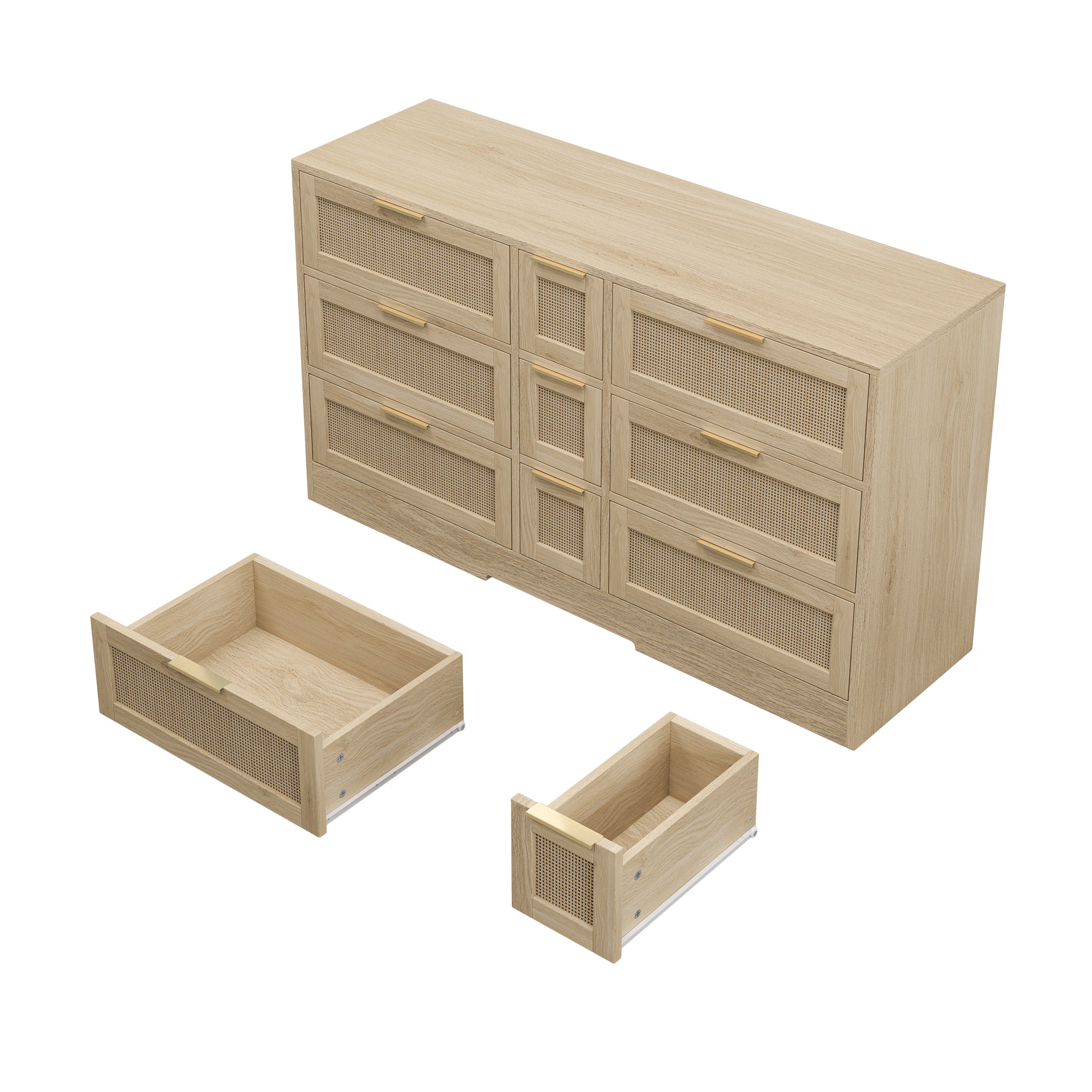 51.2 "Rattan Locker With Drawers, 9 Drawers, Metal Handles For Kitchen, Living Room, Bedroom Natural Natural Mdf