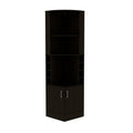 Syrah Corner Bar Cabinet, Eight Bottle Cubbies, Double Door, Two Open Shelves Black Freestanding Black Dining Room Corner Unit Modern Particle Board