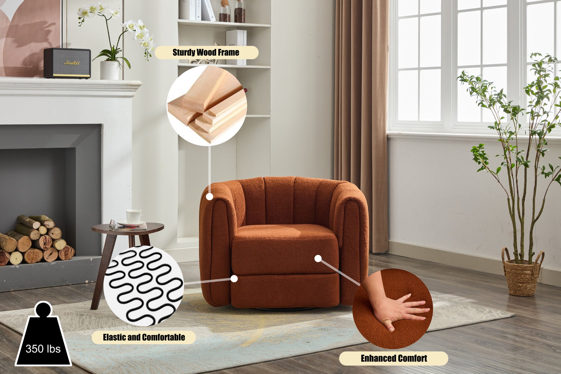Swivel Accent Barrel Chair, Modern Round Armchairs With Upholstered, Comfy Swivel Accent Chair For Living Room Brown Teddy