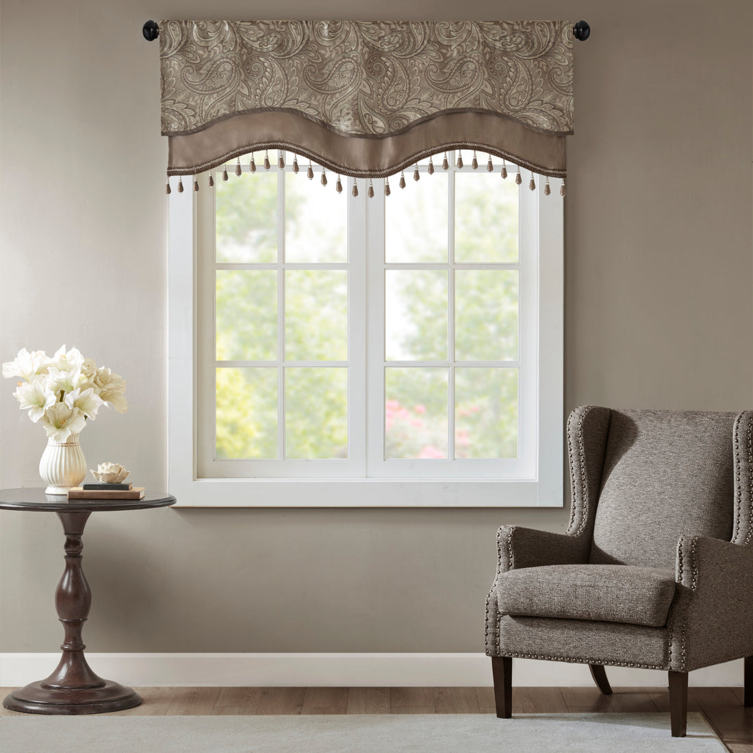 Jacquard Window Rod Pocket Valance With Beads Blue Brown 50X18" Blue Brown Polyester