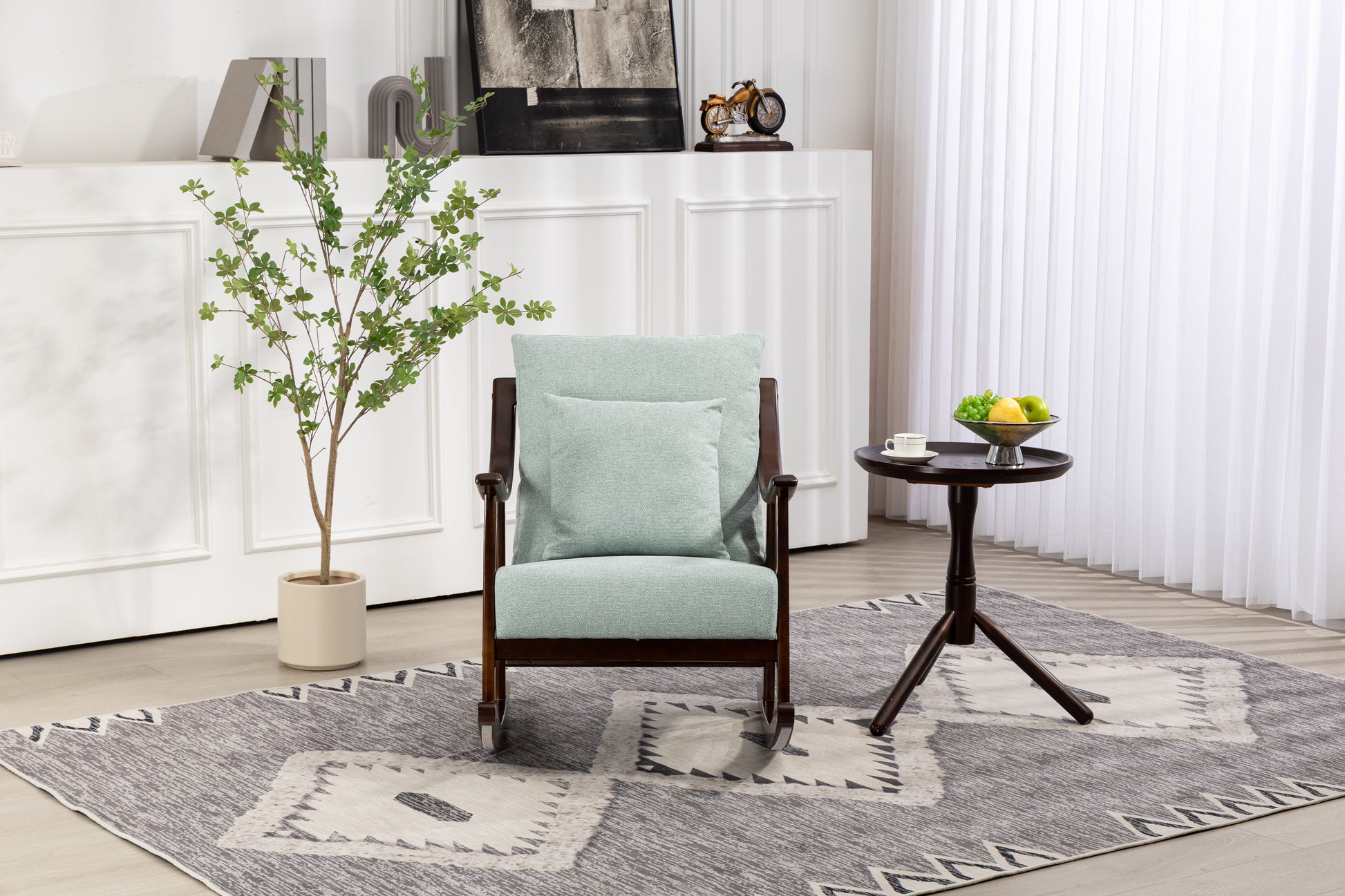 Woven Fabric Mid Century Modern Accent Chairs Comfy Upholstered Glider Arm Chair With Solid Wood For Living Room Bedroom Balcony Light Green Linen