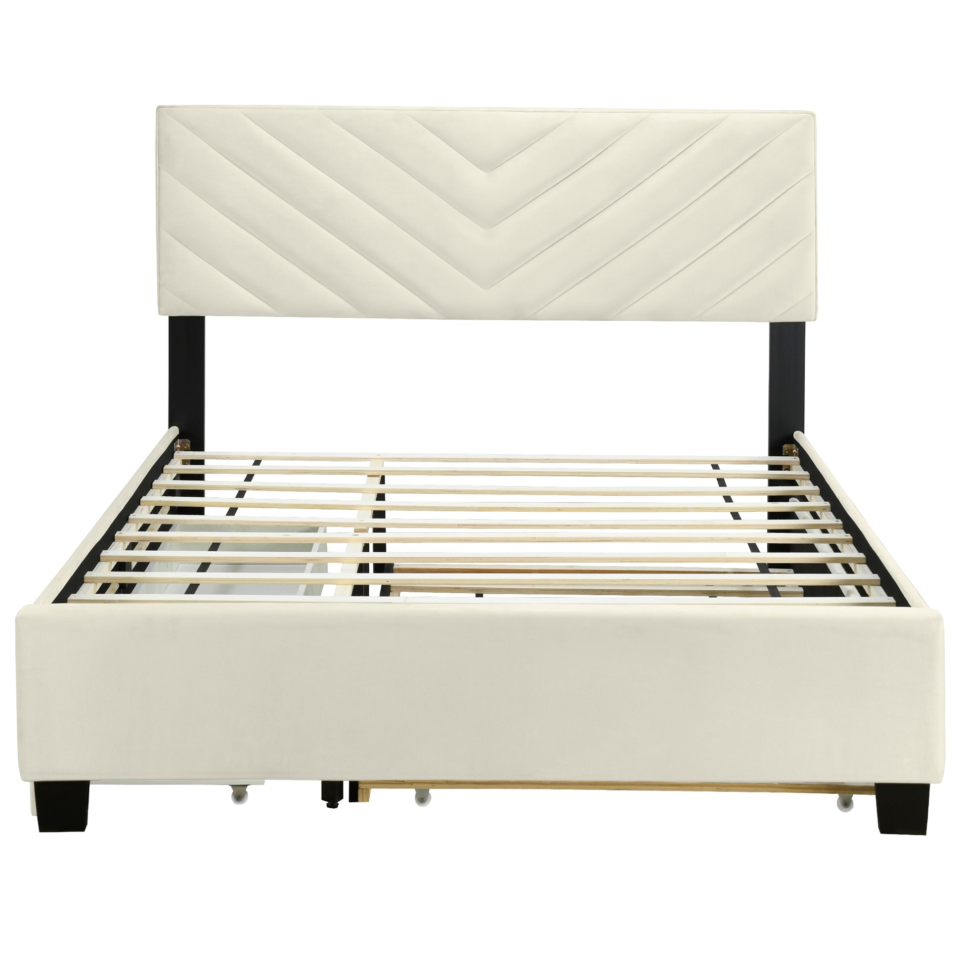 Queen Size Upholstered Platform Bed With Twill Headboard, Pullout Bed And Two Drawers, Flannel, Beige Queen Beige Mdf Lvl