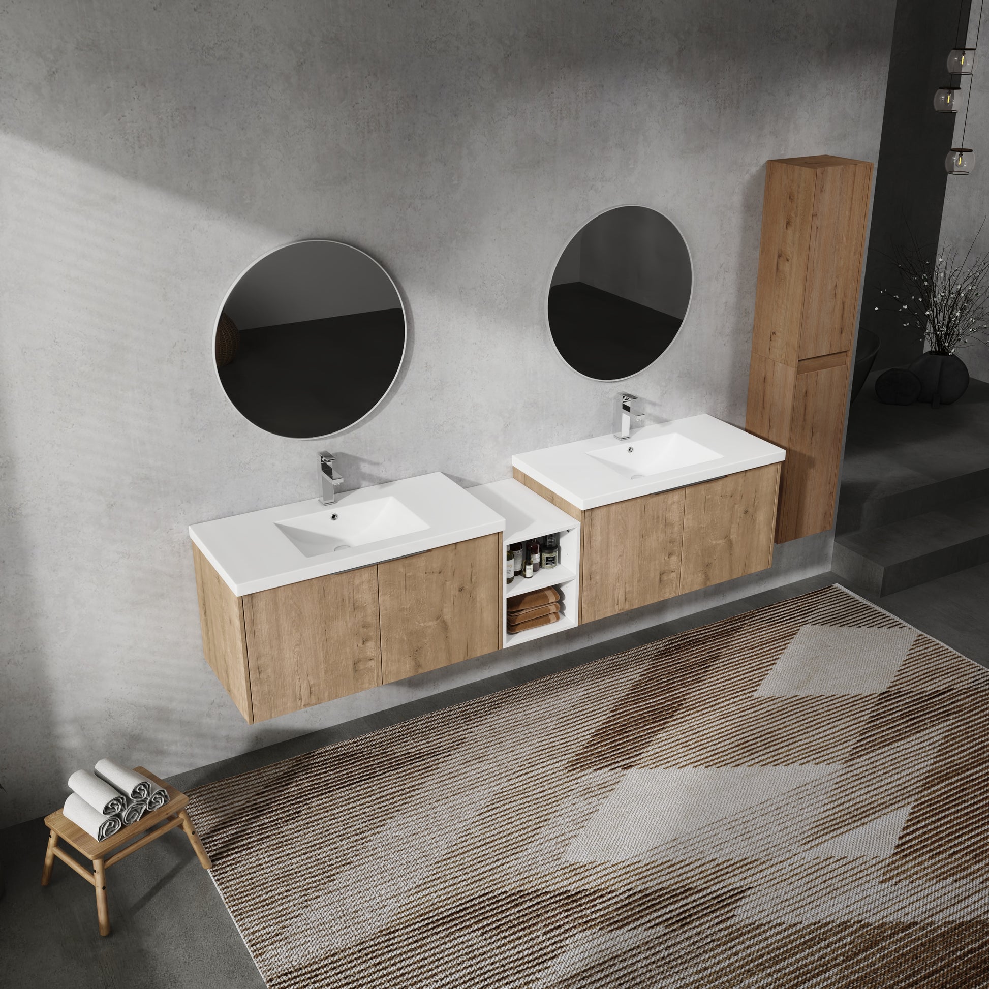 84" Wall Mounted Bathroom Vanity With Sink And Side Cabinet, Soft Close Doors,00112Imo 00636Imox2 0612Gwh Combination Cabinet Kd Packing Imitative Oak Bathroom Modern Plywood Plywood