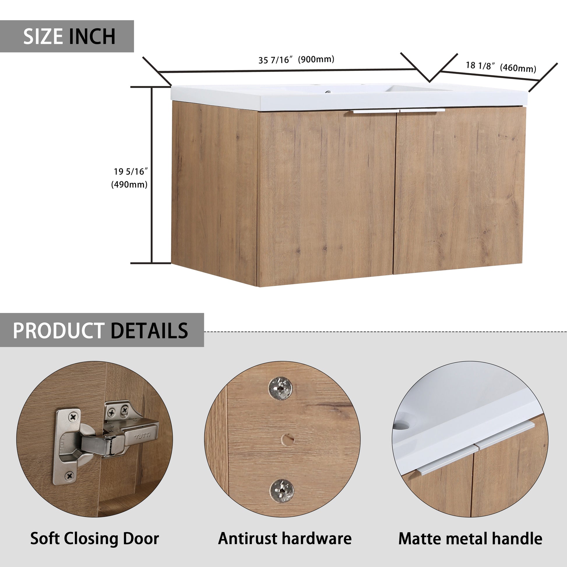 36" Wall Mounted Bathroom Vanity With Sink And Side Cabinet, Soft Close Doors,00112Imo 00636Imo Combination Cabinet Kd Packing Imitative Oak Bathroom Modern Plywood Plywood