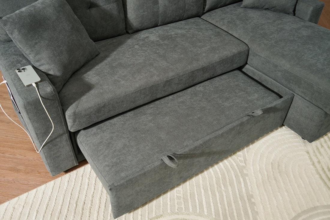 Sectional Sofa Bed L Shaped Sofa Couch Bed With Usb Port, Reversible Sofa Couch Sleeper With Pull Out Bed, Chaise With Storage, Pull Out Couch For Living Room Dark Gray Wood Fabric 3 Seat