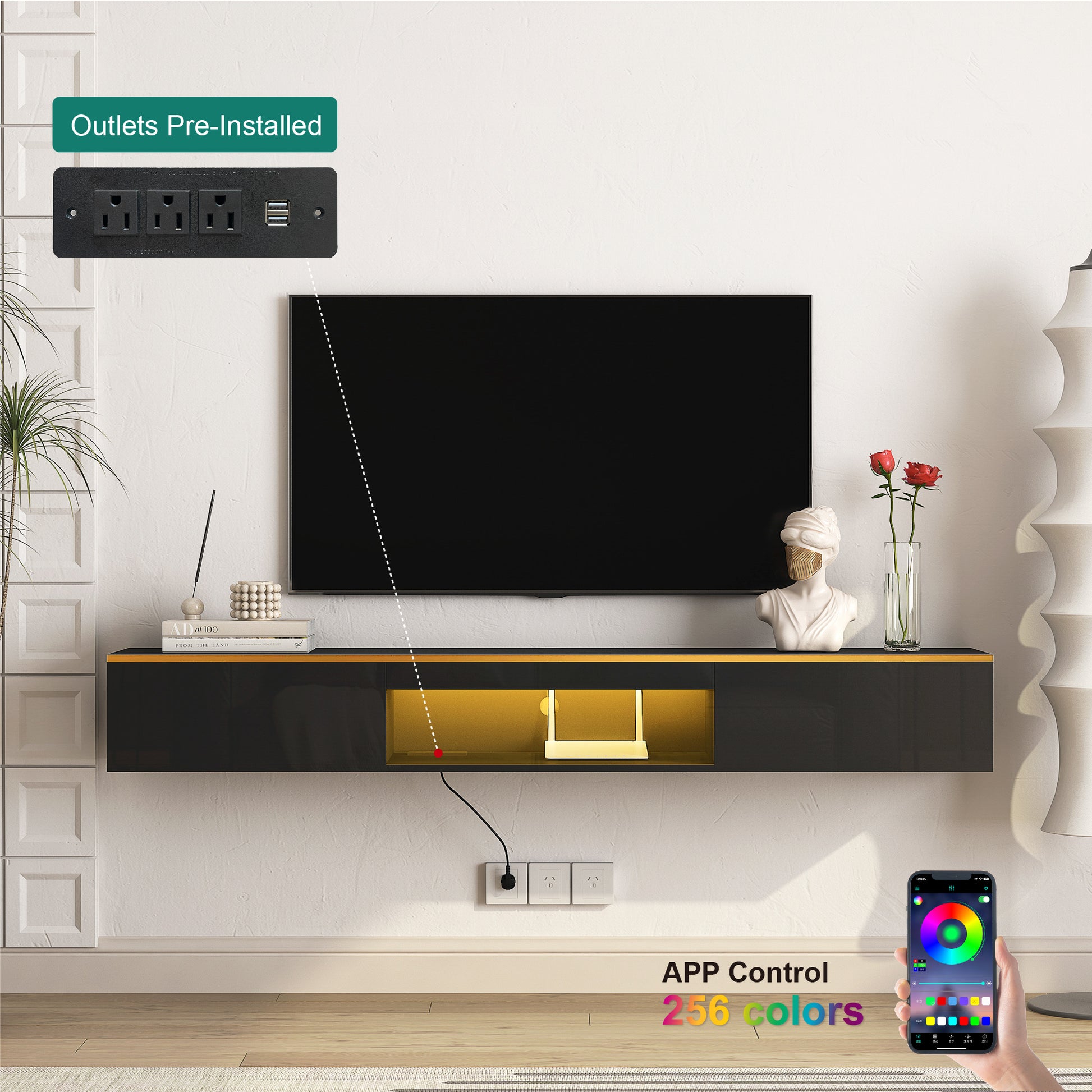 Floating Tv Stand Wall Mounted With 16 Color Leds,69" Modern Tv Stand, Floating Tv Cabinet Entertainment Center For 55 60 65 Inch Tv,Black Black 60 69 Inches Mdf