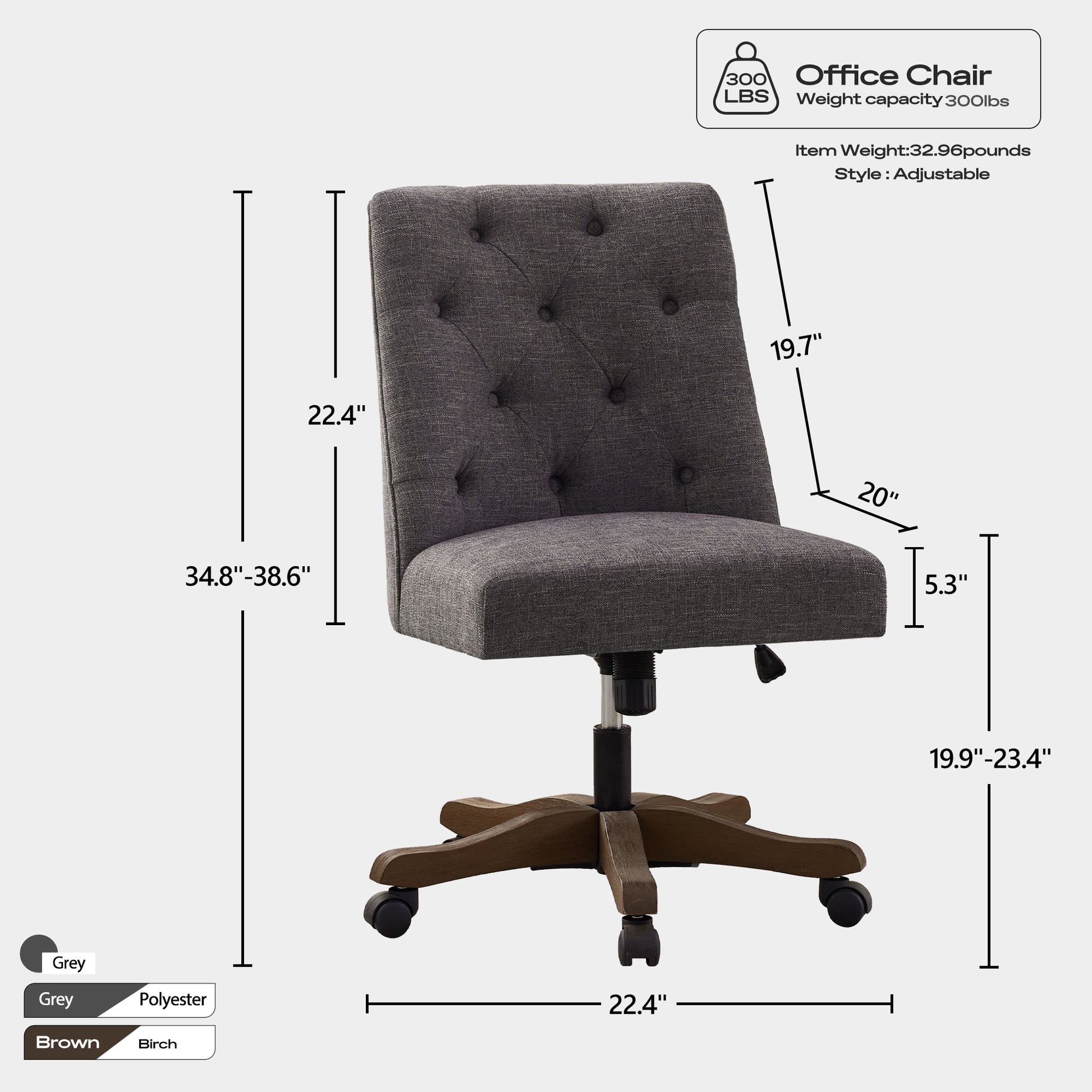 Upholstered Swivel Desk Chair, Armless Home Office Chair, Chenille Fabric Adjustable Height Computer Chair With Wheels For Study ,Grey Caster Solid Gray Office Handle Birch Wing Back Adjustable