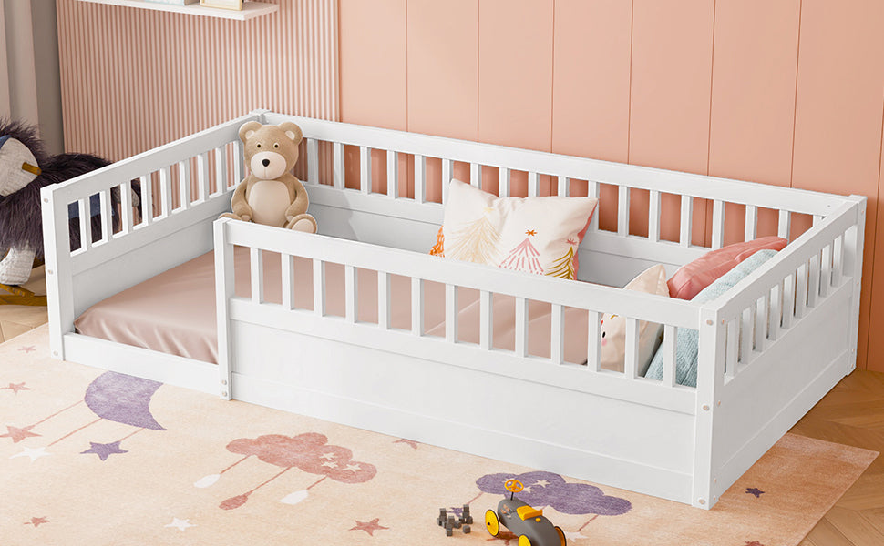 Twin Floor Bed Frame With Fence, Wood Kids Floor Beds Frame For Bedroom Playroom,White Twin White Pine