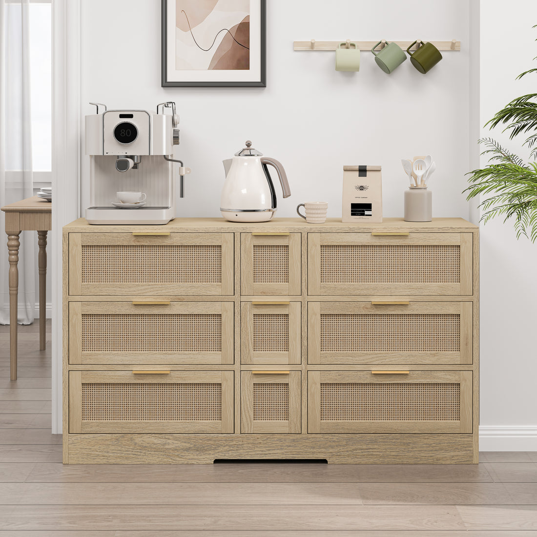51.2 "Rattan Locker With Drawers, 9 Drawers, Metal Handles For Kitchen, Living Room, Bedroom Natural Natural Mdf