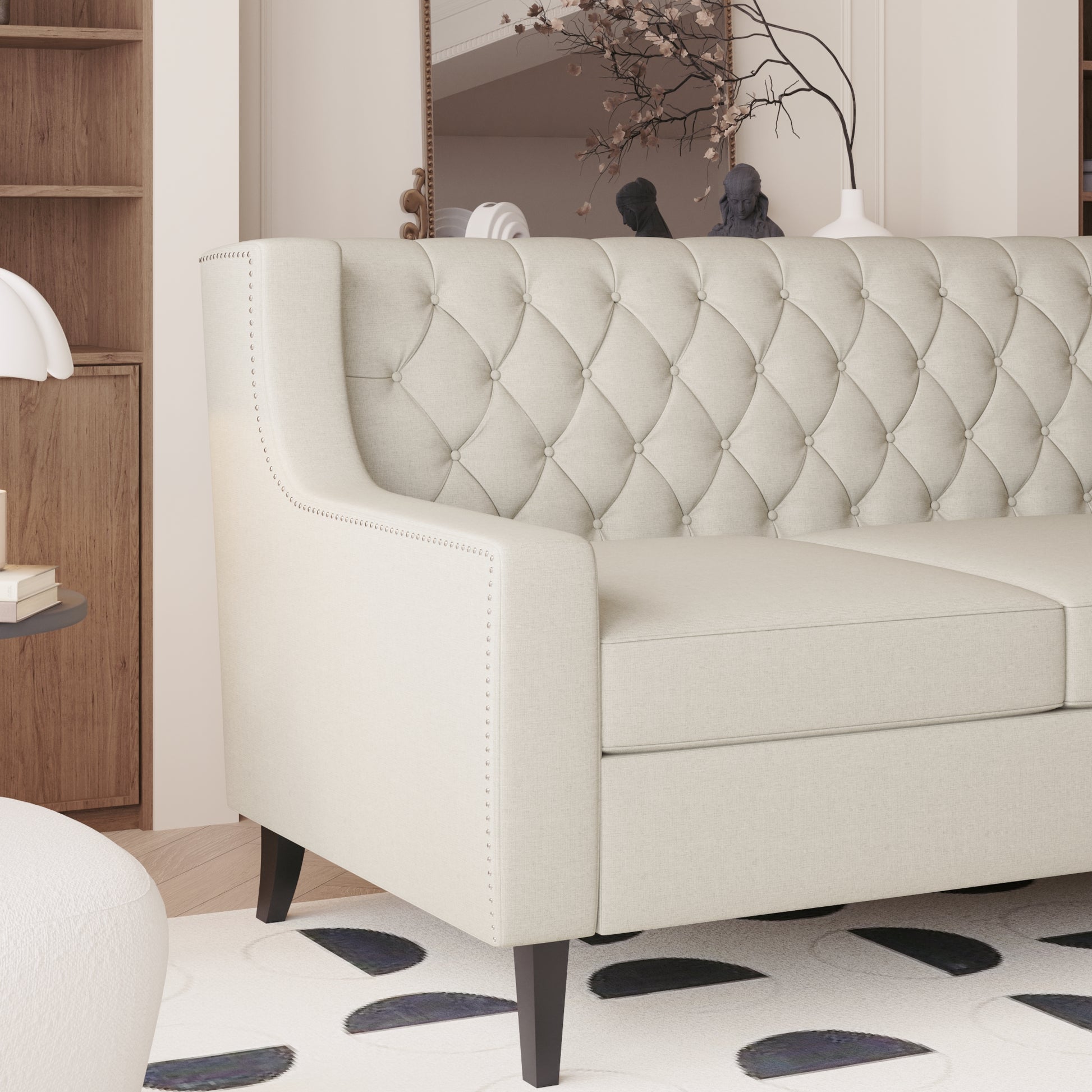 78.75'' 3 Seater Sofa, Button Tufted Backrest With Comfy Cushion, Mid Century Modern Couches For Living Room, Upholstered Comfy Sofa Couch For Bedroom, Apartment Beige Polyester 3 Seat