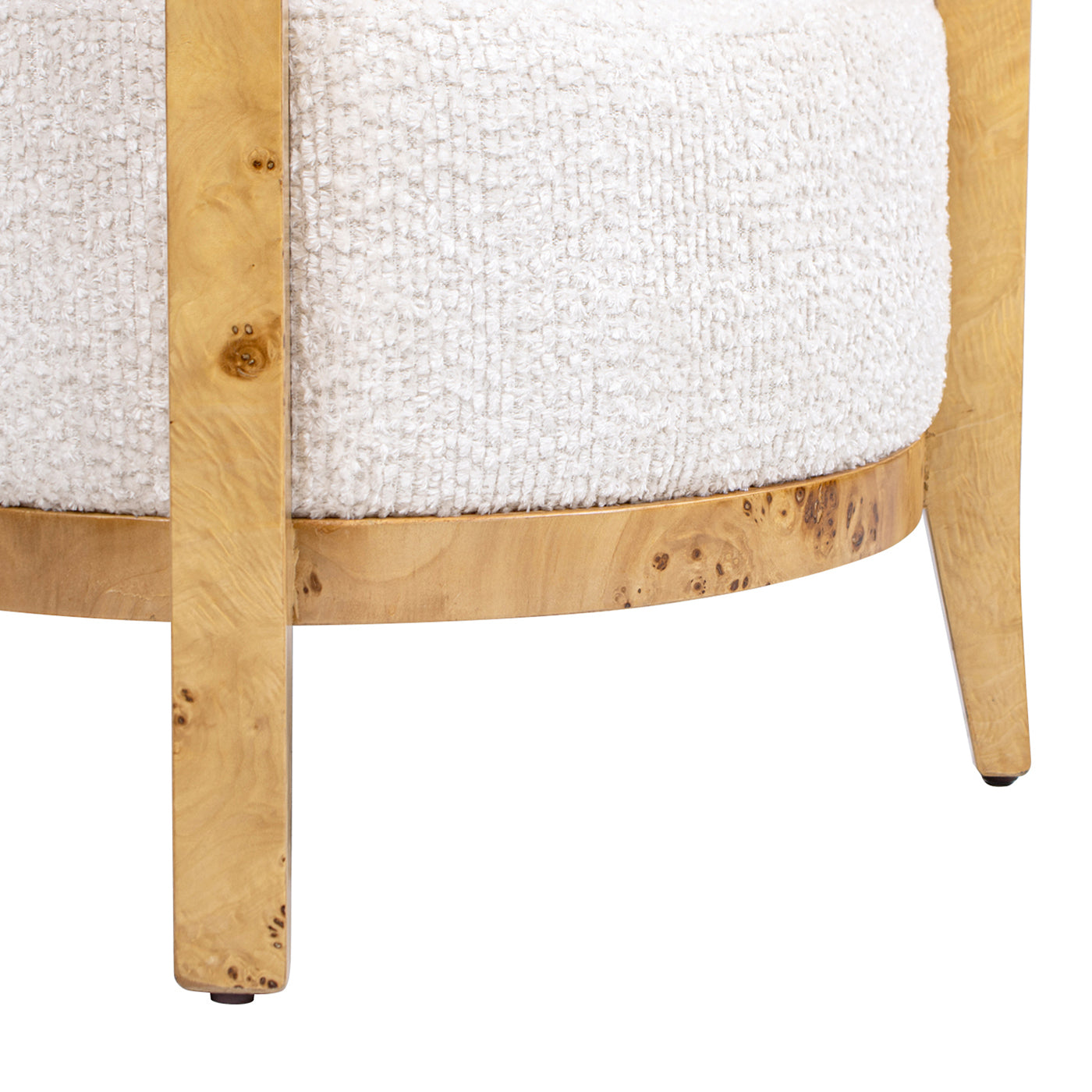 Madrid 26.5" Burl Wood Barrel Accent Arm Chair, Seashell White Chenille White Natural Foam Chenille