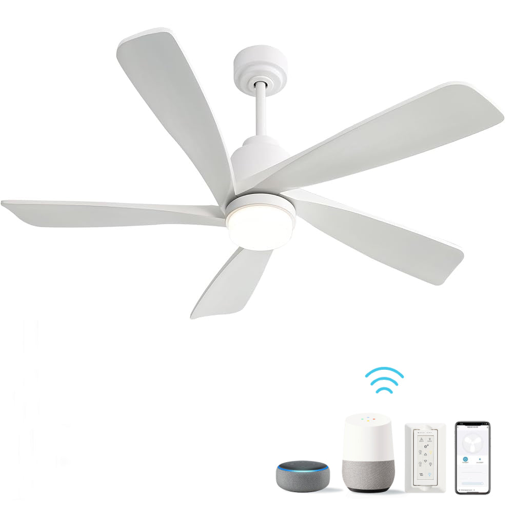 52 Inch Modern With Dimmable Led Light 5 Solid Wood Blades Remote Control Reversible Dc Motor With Smart App Control White Metal & Wood