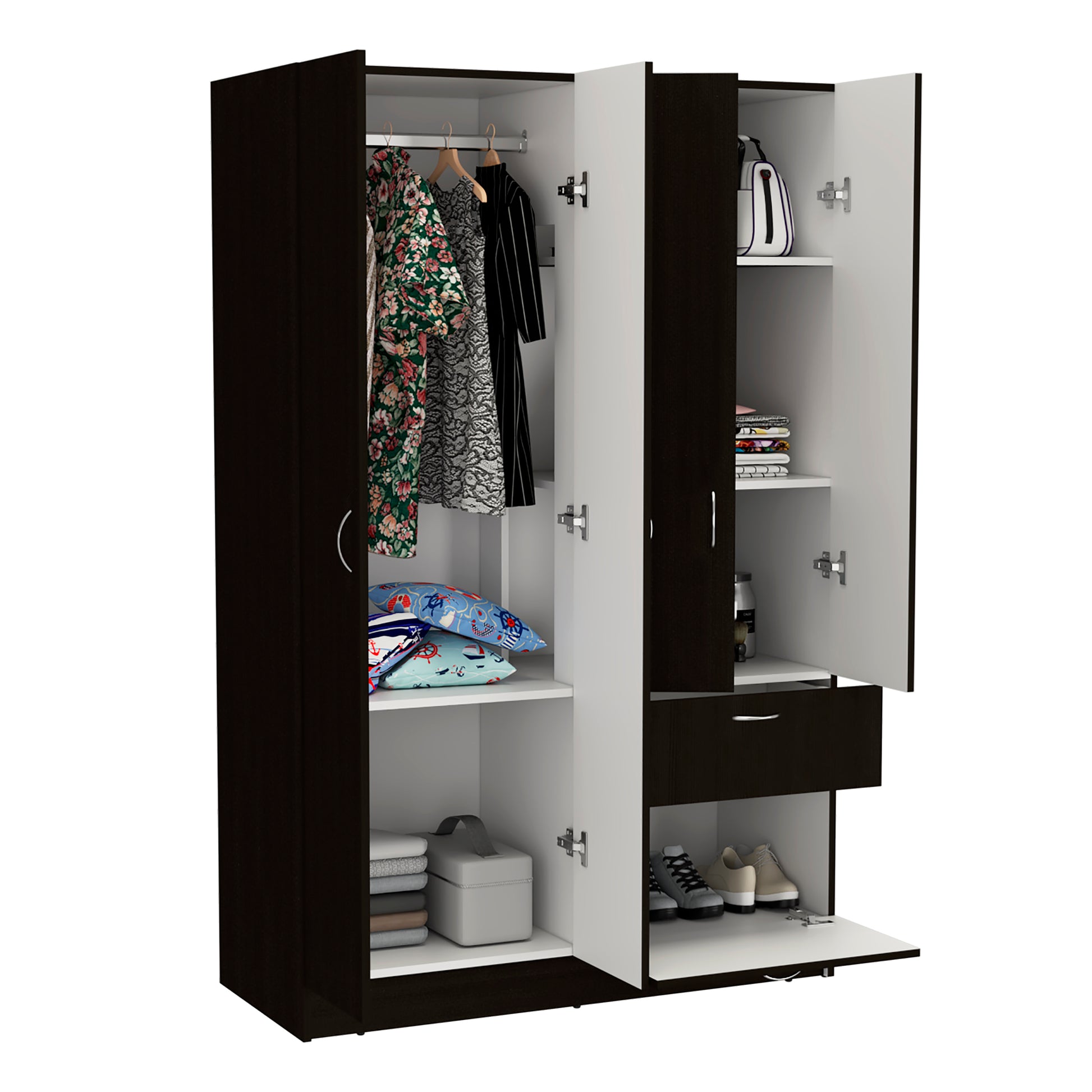 Armoire, Double Door Cabinet, One Drawer, Five Interior Shelves, Rod, Black White Multicolor Solid Wood Mdf Engineered Wood