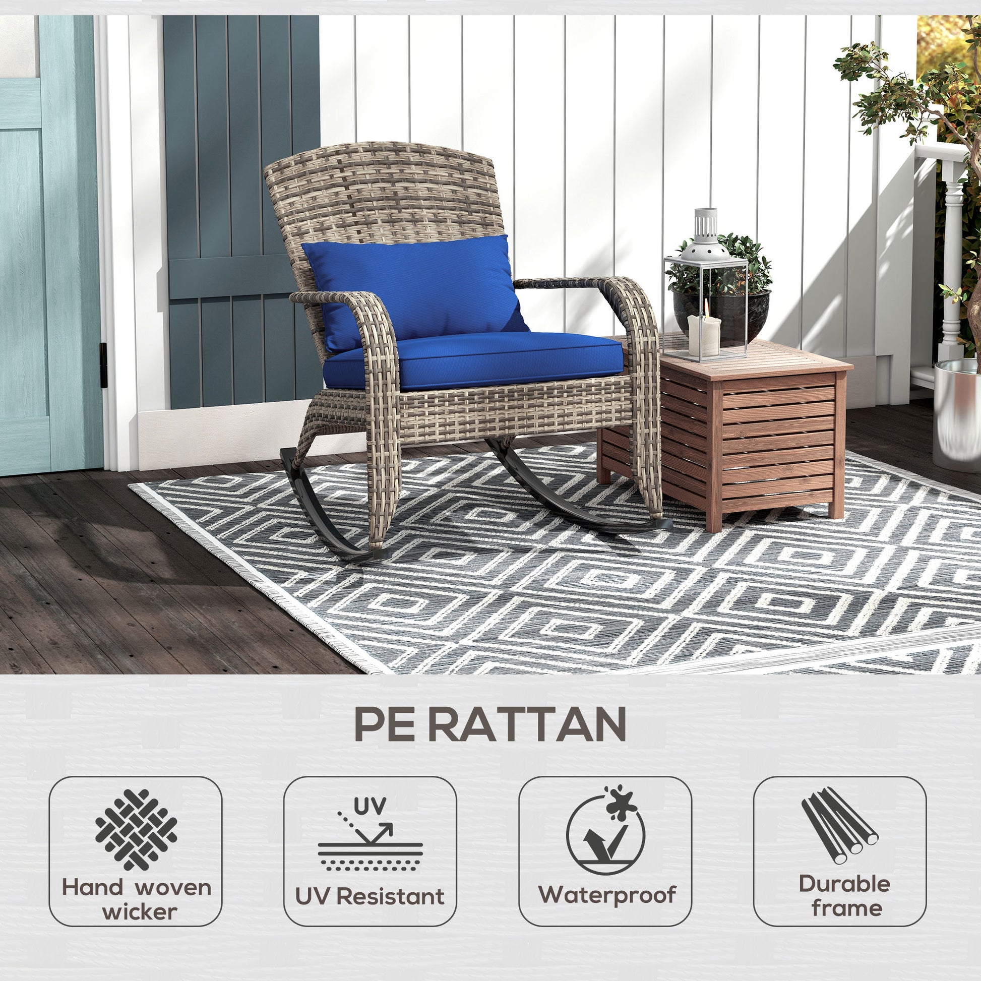 Outsunny Outdoor Wicker Adirondack Rocking Chair, Patio Rattan Rocker Chair With High Back, Seat Cushion, And Pillow For Garden, Porch, Balcony, Dark Blue Blue Rattan