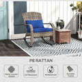 Outsunny Outdoor Wicker Adirondack Rocking Chair, Patio Rattan Rocker Chair With High Back, Seat Cushion, And Pillow For Garden, Porch, Balcony, Dark Blue Blue Rattan