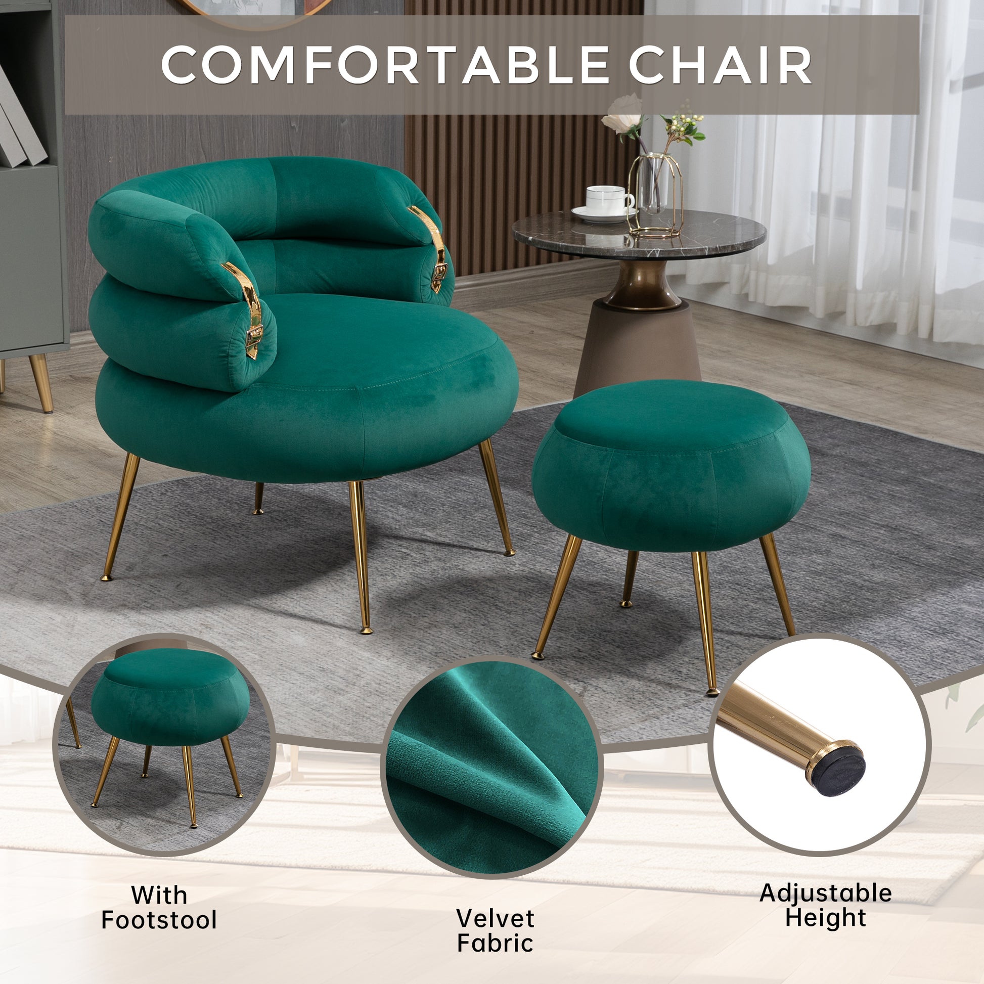 Coolmore Upholstered Velvet Barrel Accent Chair With Ottoman,Accent Comfy Lounge Arm Chair And Folding Footrest Stool Set,Single Sofa Armchair With Lounge Seat For Bedroom,Office Green Green Foam Velvet