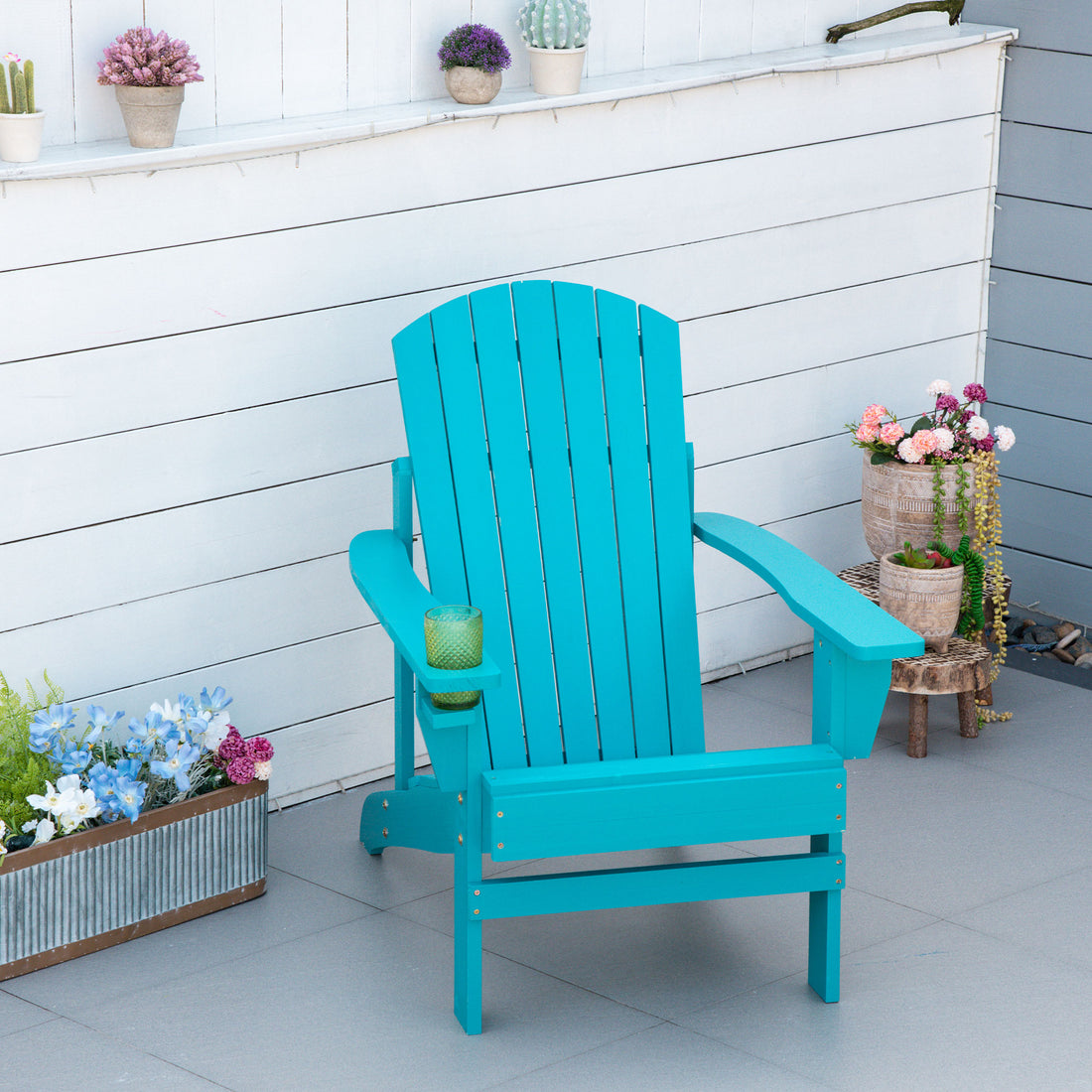 Outsunny Wooden Adirondack Chair, Outdoor Patio Lawn Chair With Cup Holder, Weather Resistant Lawn Furniture, Classic Lounge For Deck, Garden, Backyard, Fire Pit, Sky Blue Blue Wood