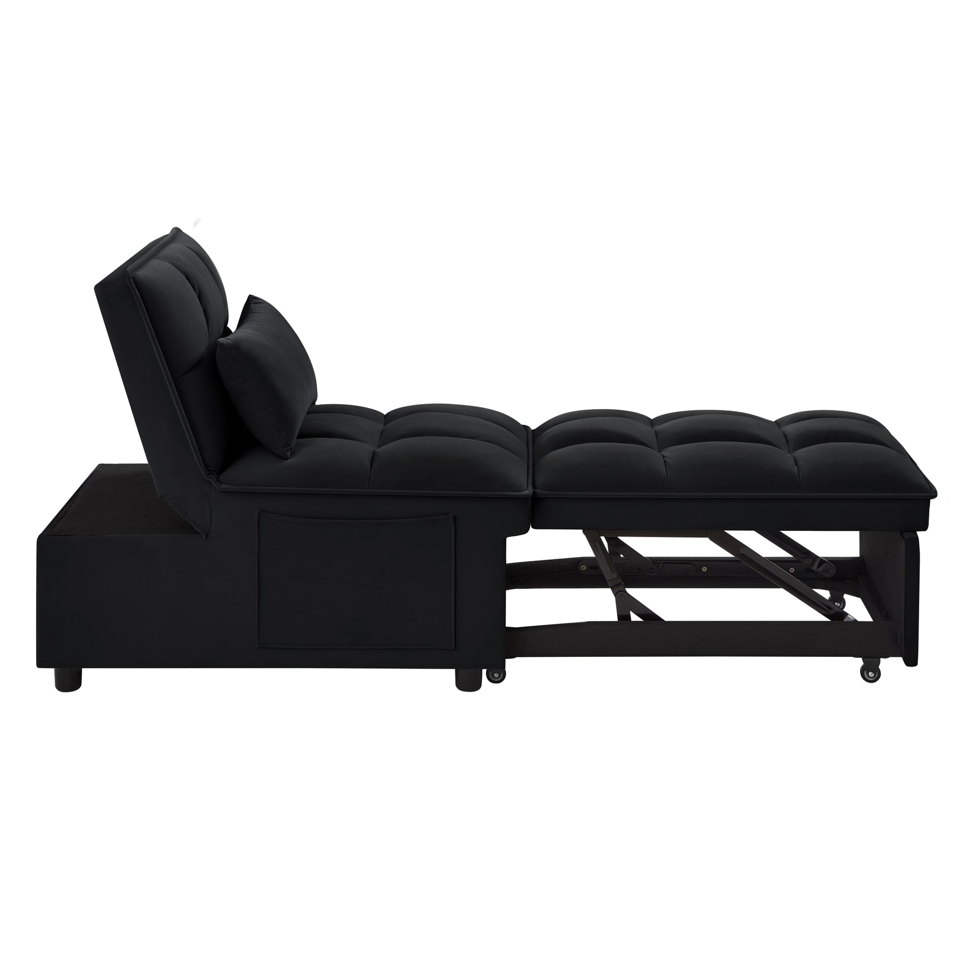 4 In1 Multi Function Single Sofa Bed With Storage Pockets,Tufted Single Pull Out Sofa Bed With Adjustable Backrest And Pillows ,Convertible Chaise Lounge,Black Black Velvet Metal Primary Living Space Medium Soft American Design Armless Foam Velvet 1 Seat