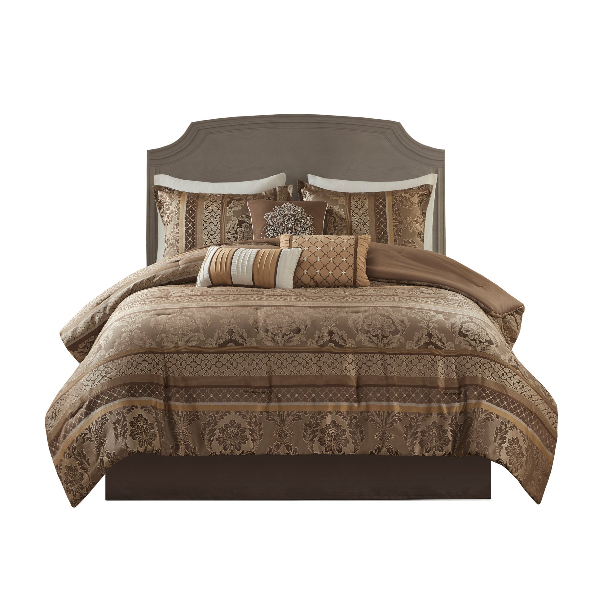 7 Piece Jacquard Comforter Set Brown Gold King King Brown Gold Polyester