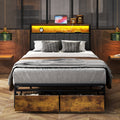 Twin Size Bed Frame Upholstered Platform Bed Frame With Storage Drawers, Usb Ports, Led Lights, Upholstered Wingback Headboard, Rustic Brown Box Spring Not Required Twin Antique Black Metal Brown