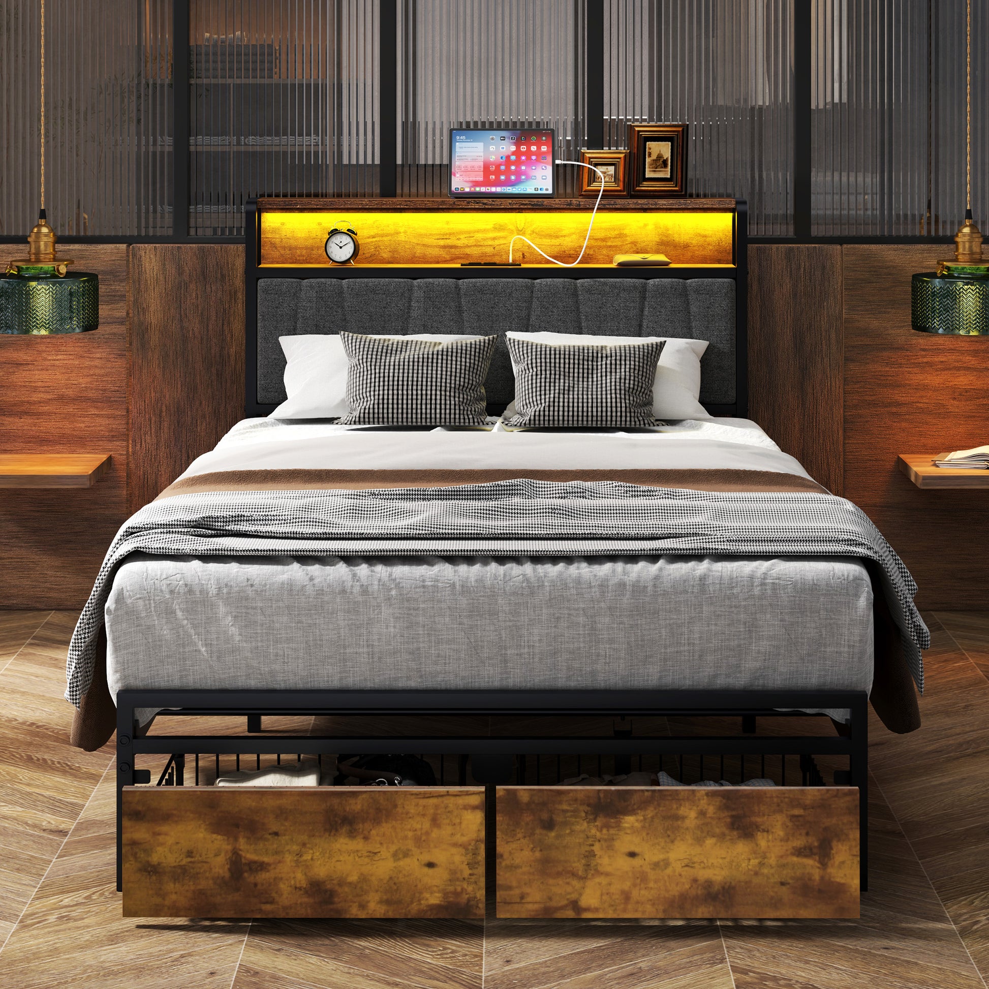 Twin Size Bed Frame Upholstered Platform Bed Frame With Storage Drawers, Usb Ports, Led Lights, Upholstered Wingback Headboard, Rustic Brown Box Spring Not Required Twin Antique Black Metal Brown