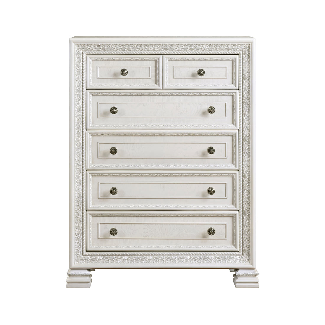 Classic Luxury Pearl White Finish Chest Of 5X Drawers Wooden Bedroom Furniture 1Pc, Dart Molding Design White Wood