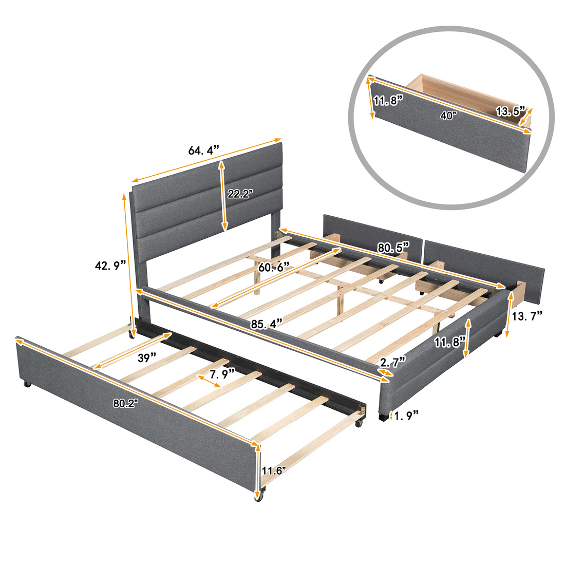 Queen Upholstered Platform Bed With Twin Size Trundle And Two Drawers,Grey Queen Grey Upholstered