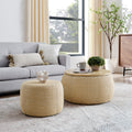 Round Storage Ottoman, Woven Rattan Fabric Ottoman, 2 In 1 Function, Work As End Table And Ottoman,With Small Seat Nature 25