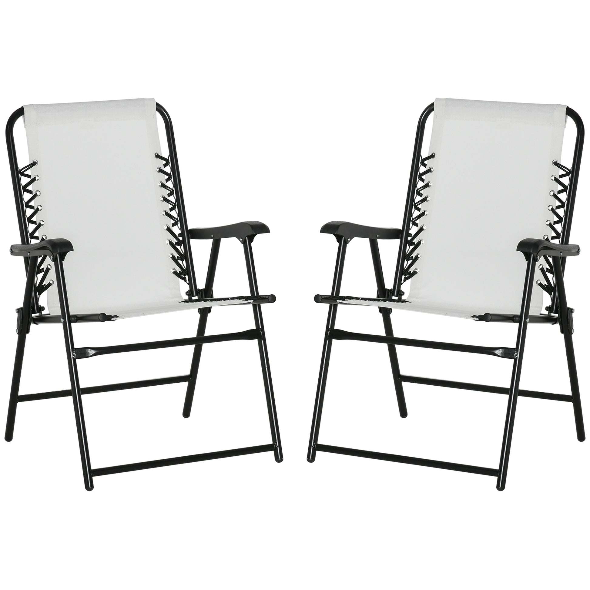 Outsunny Set Of 2 Patio Folding Chairs, Outdoor Bungee Sling Chairs W Armrests, Portable Lawn Chairs For Camping, Garden, Pool, Beach, Backyard, Cream White White Steel