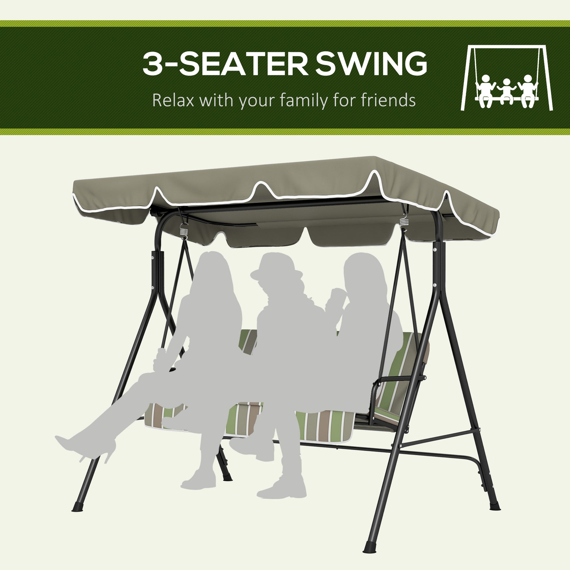 Outsunny 3 Seat Outdoor Patio Swing Chair With Removable Cushion, Steel Frame Stand And Adjustable Tilt Canopy For Patio, Garden, Poolside, Balcony, Backyard, Beige & Green Multicolor Steel