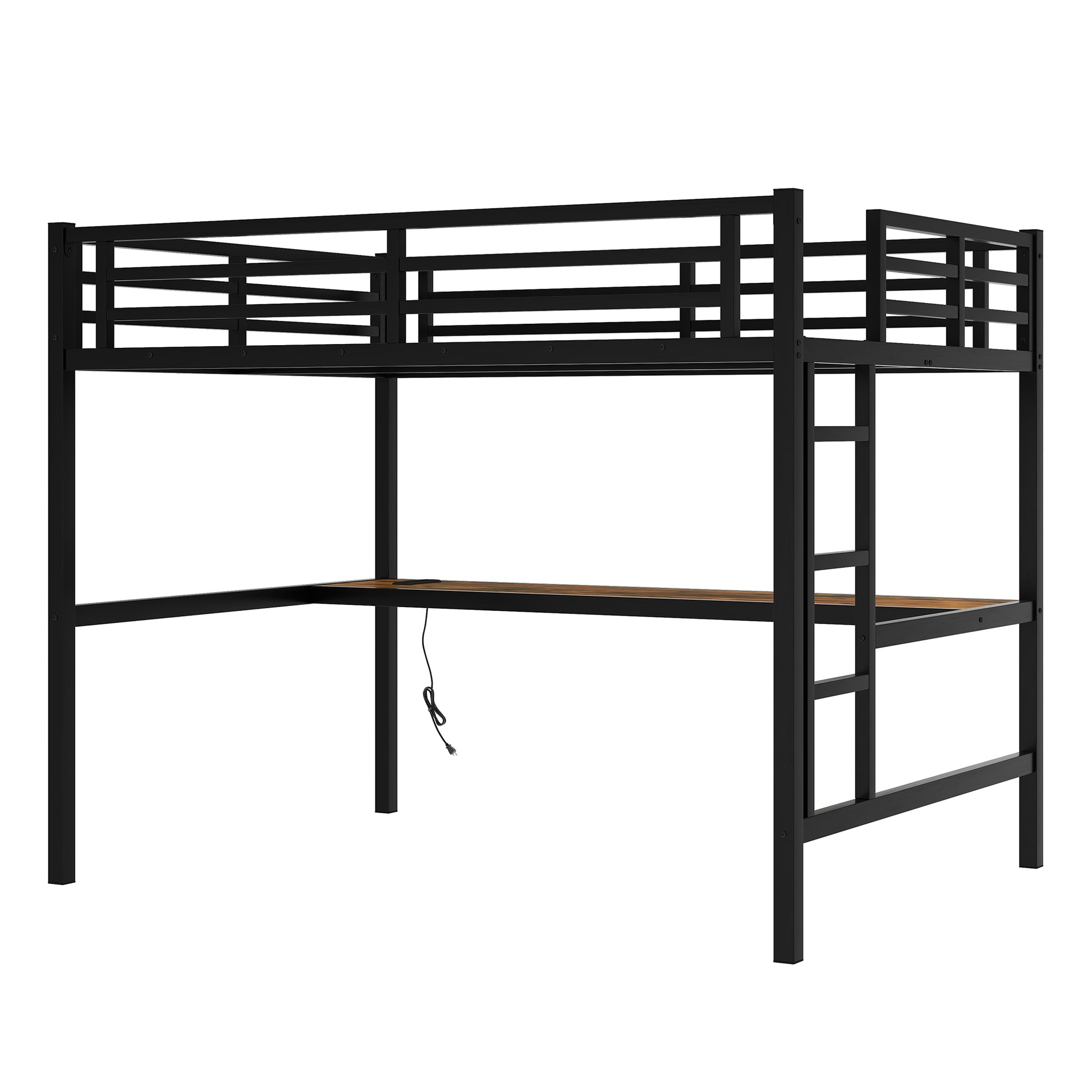 Metal Full Size Loft Bed With Power Outlet And Led Lighted, Space Saving, Noise Reduced, Black Full Black Metal